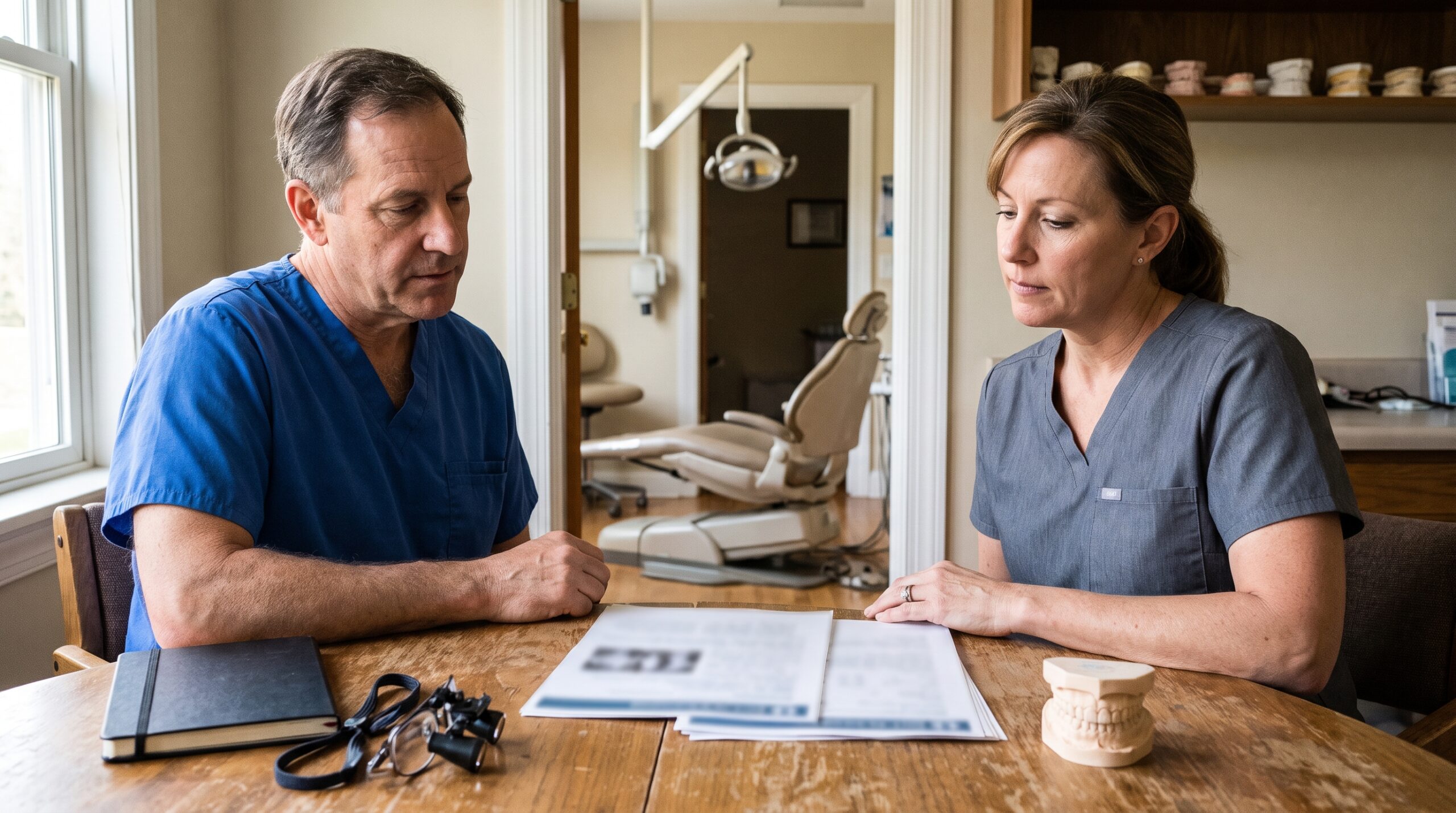 Dentist reviewing practice documents