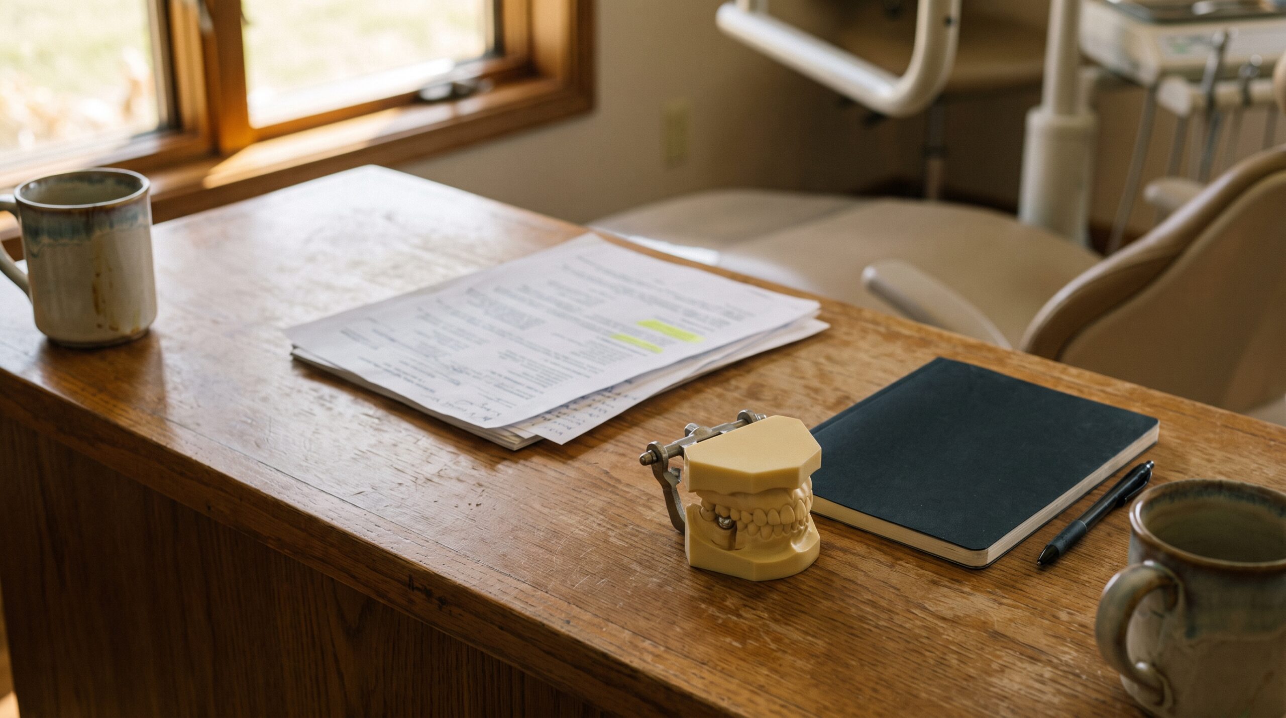 Dental practice financial records on a desk
