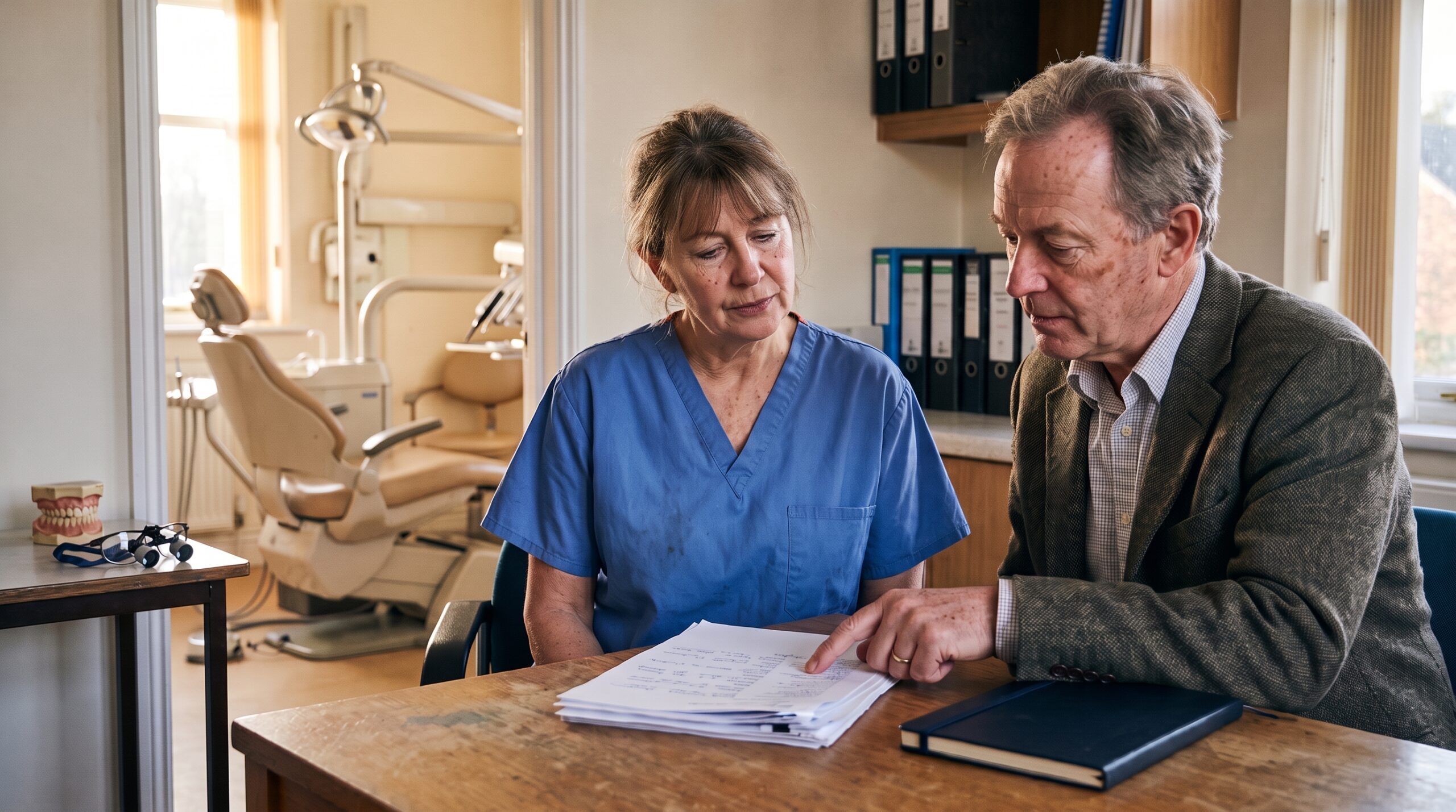 Dentist reviewing practice documents