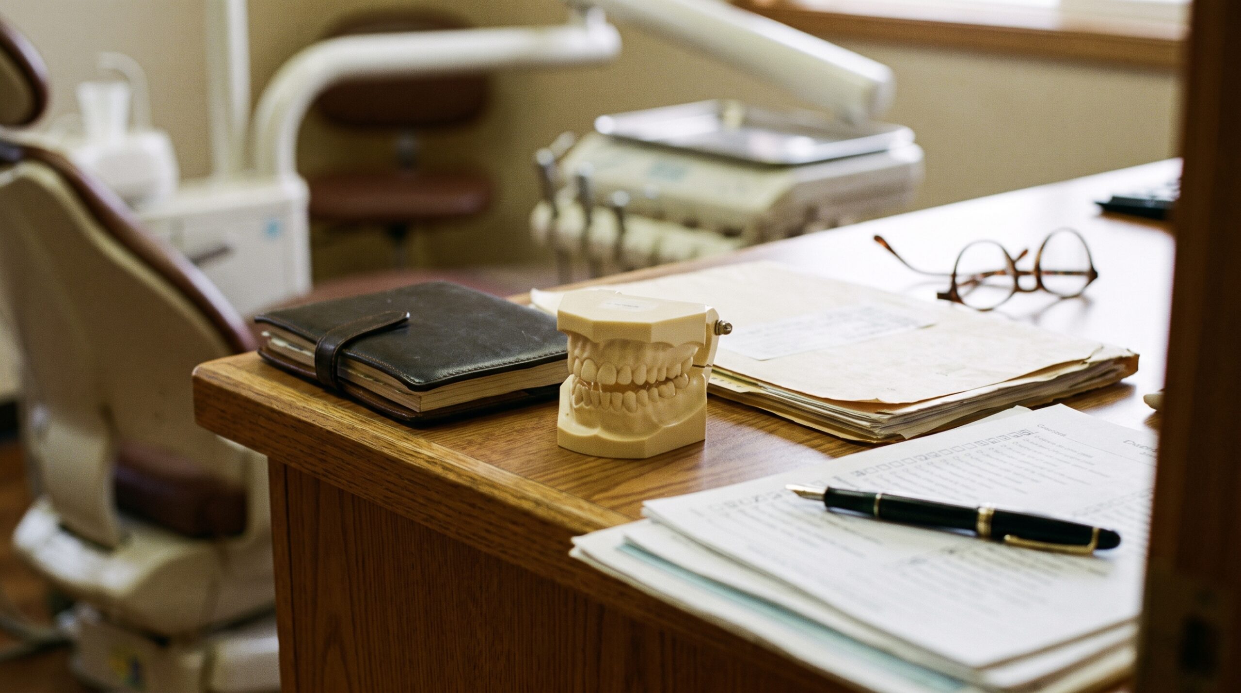 Dental practice financial records on a desk