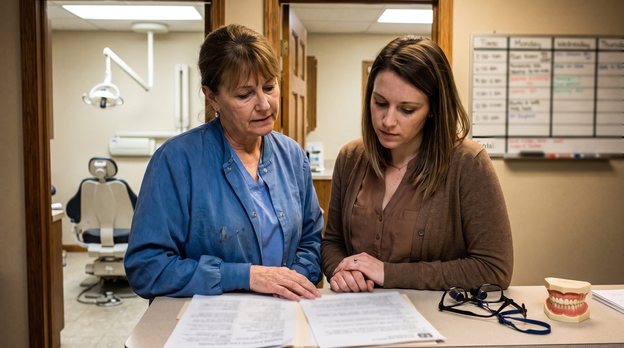 Dentist reviewing practice documents