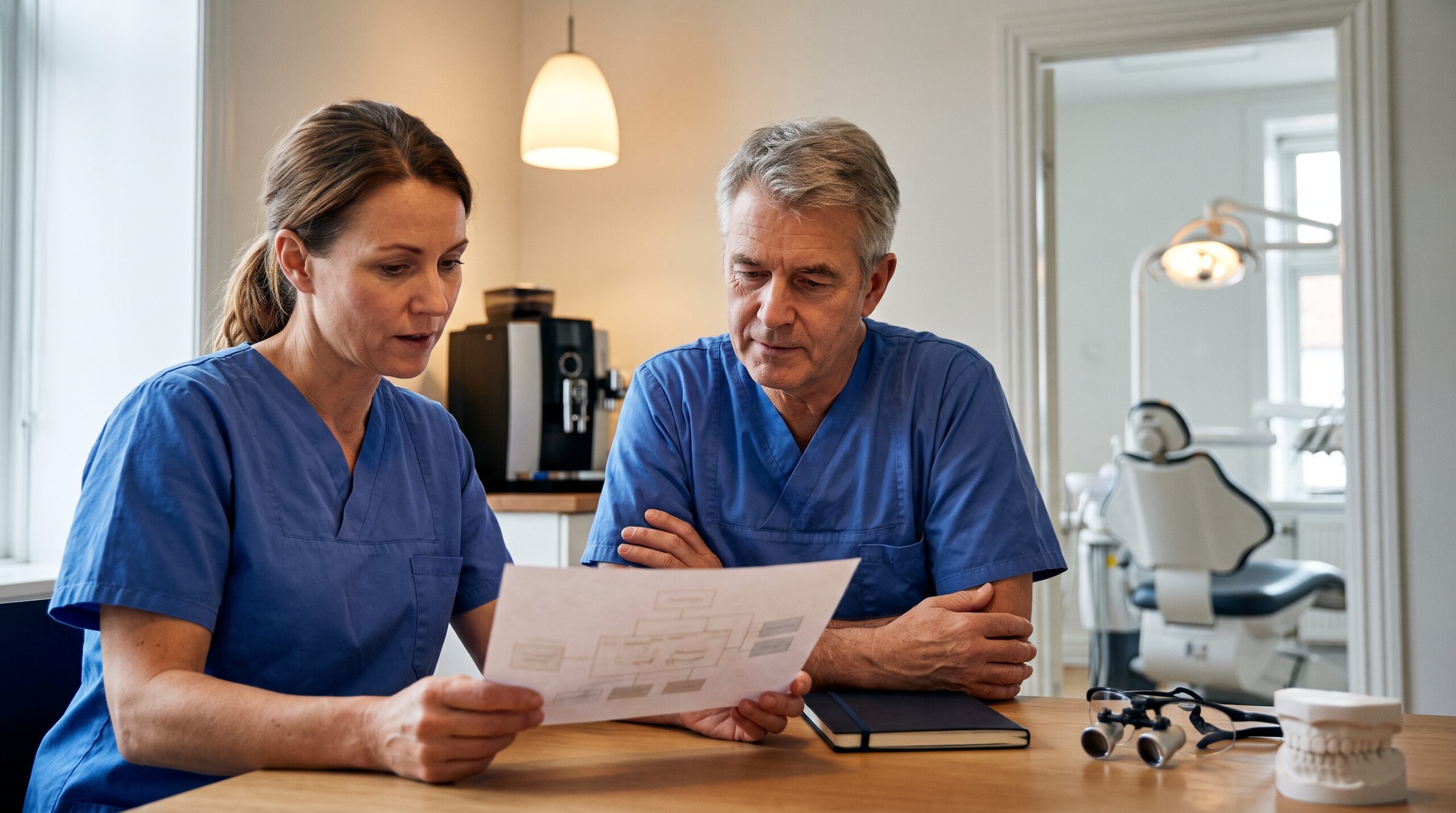 Dentist reviewing practice documents