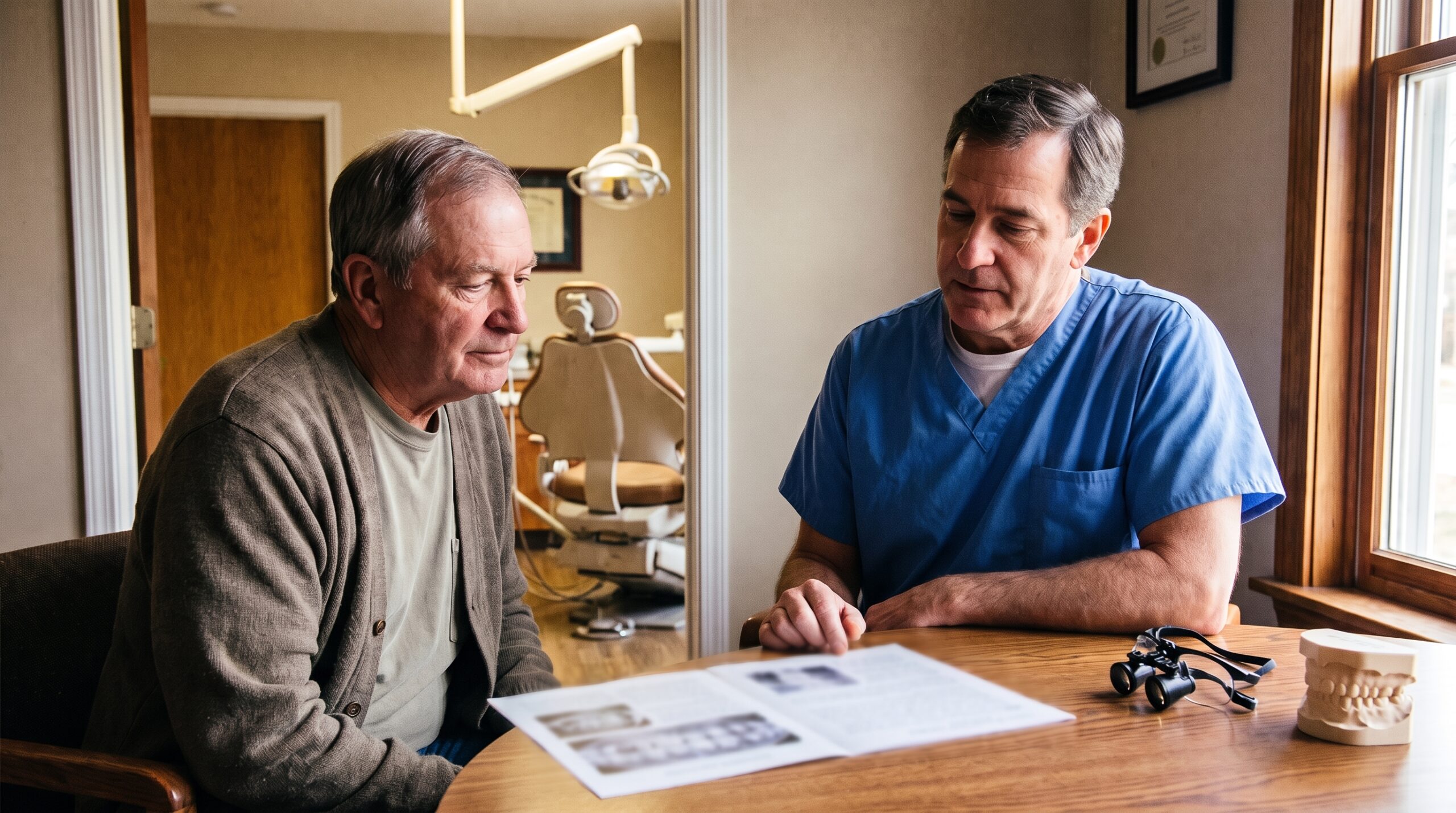 Dentist reviewing practice documents