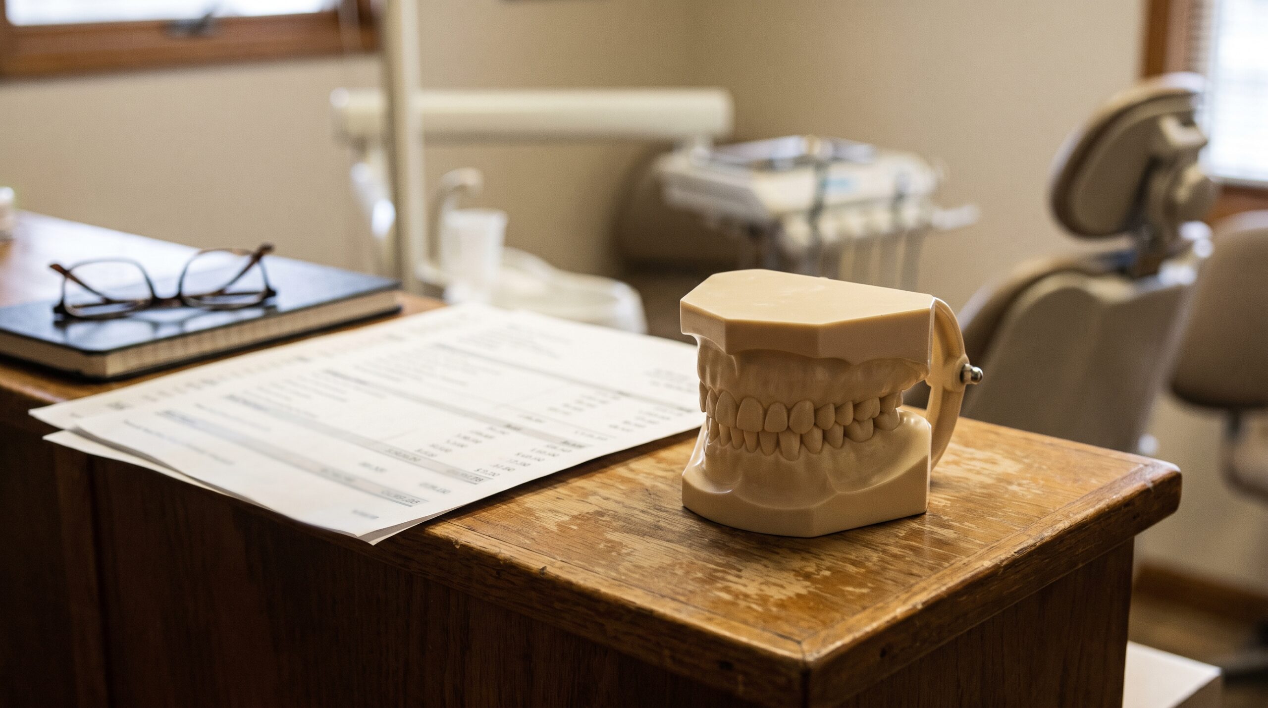 Dental practice financial records on a desk