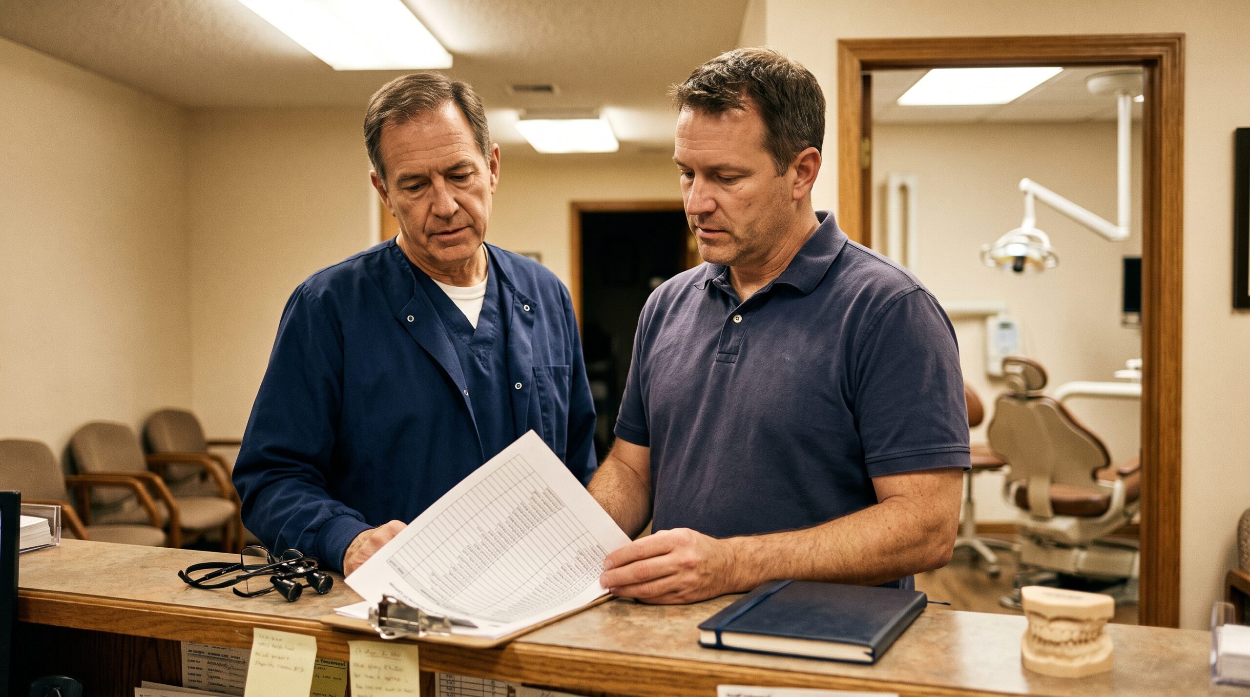 Dentist reviewing practice documents