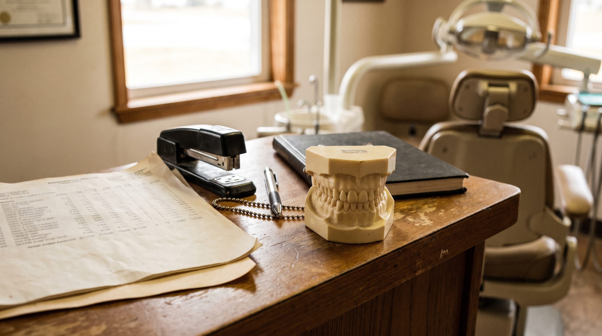 Dental practice financial records on a desk