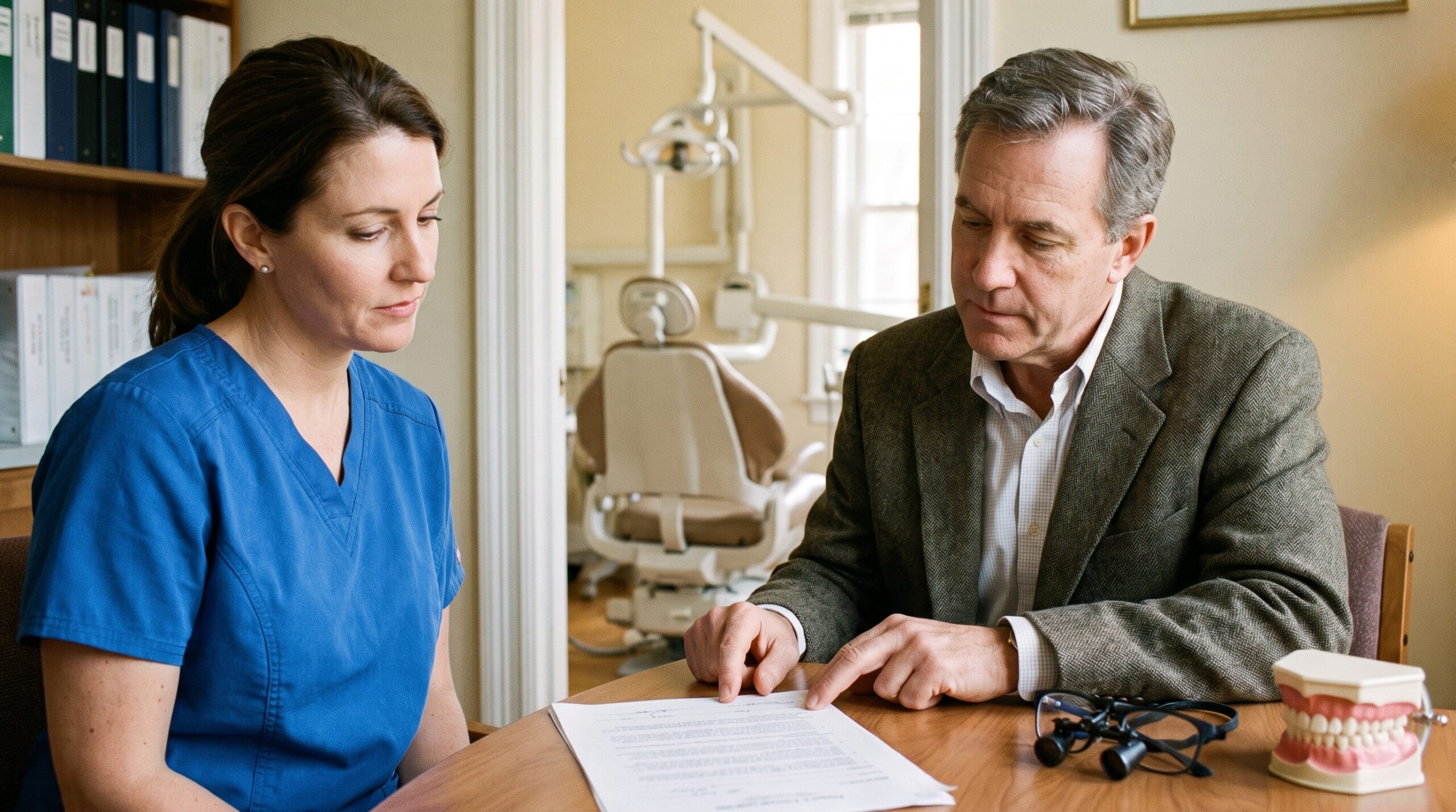Dentist reviewing practice documents