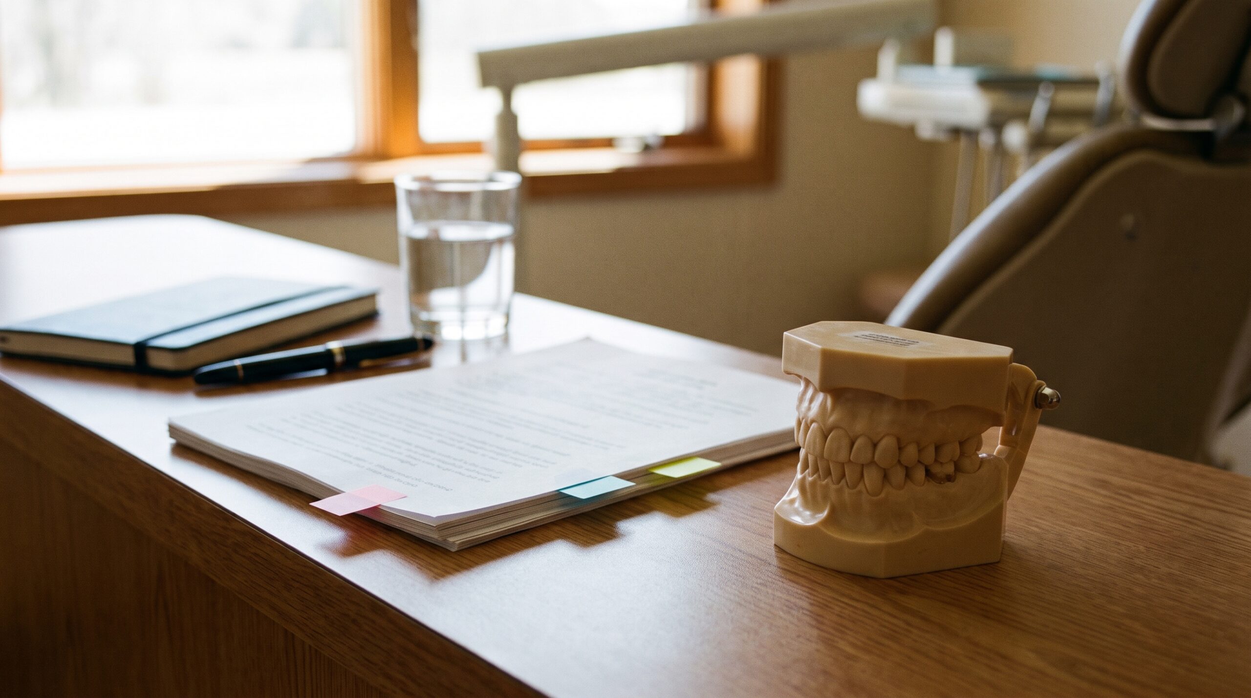 Dental practice financial records on a desk