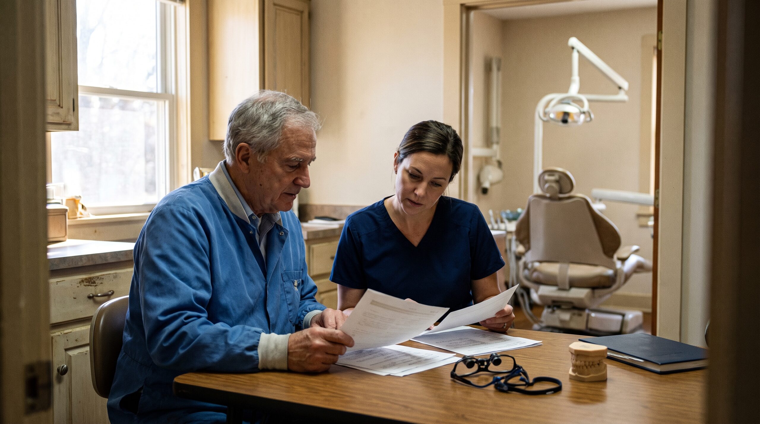 Dentist reviewing practice documents