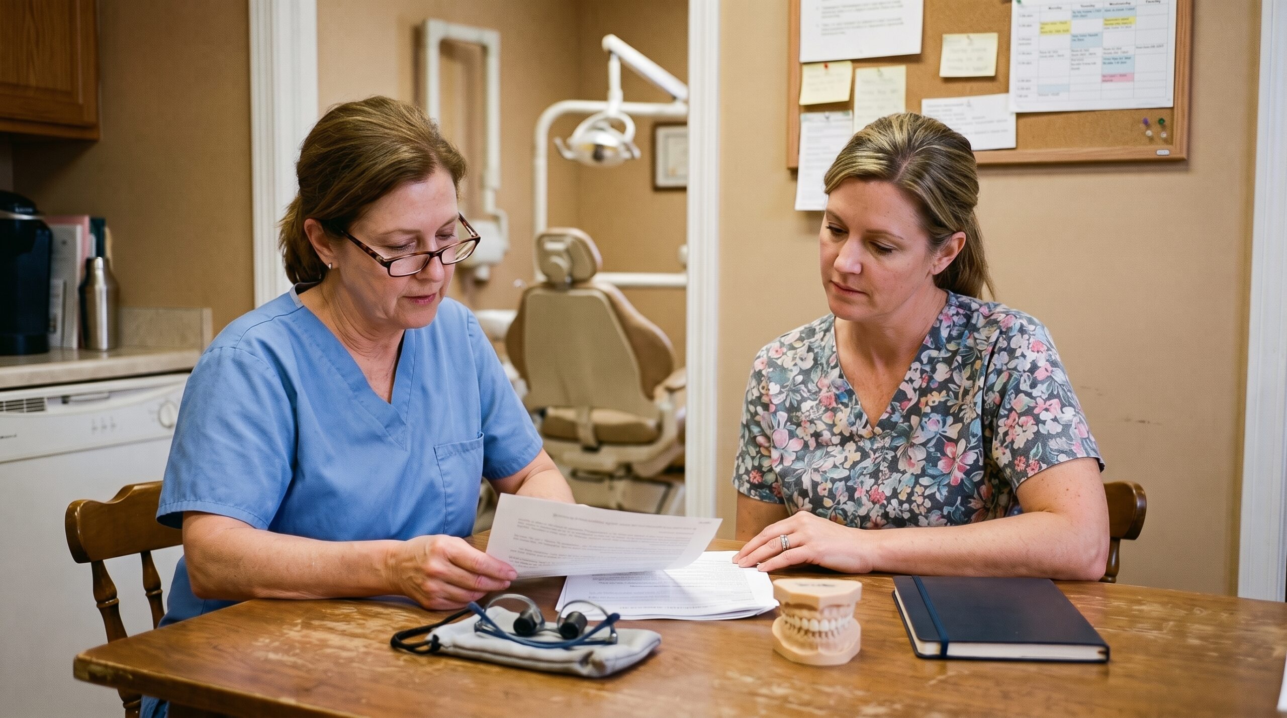 Dentist reviewing practice documents