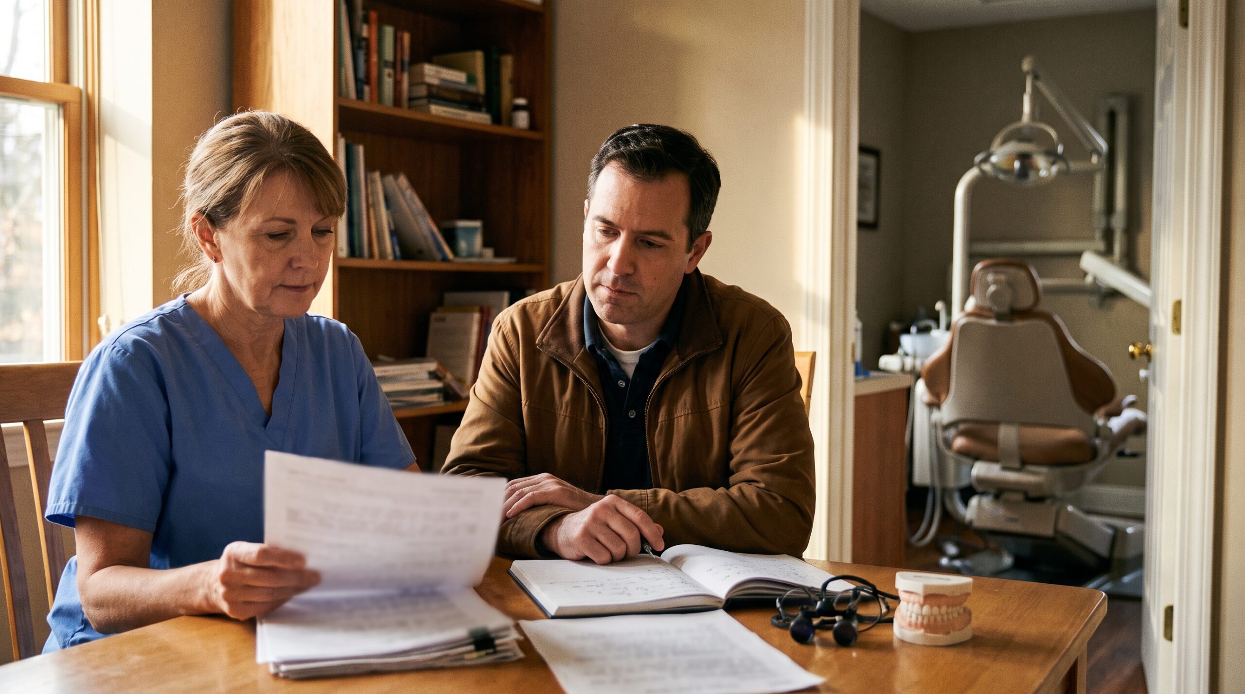 Dentist reviewing practice documents