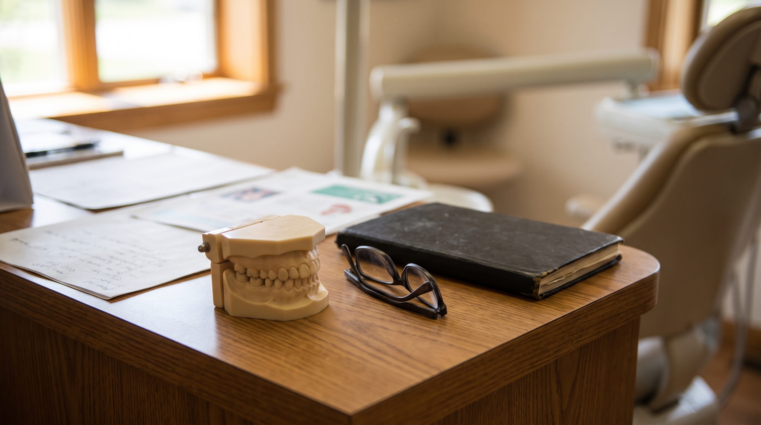 Dental practice financial records on a desk