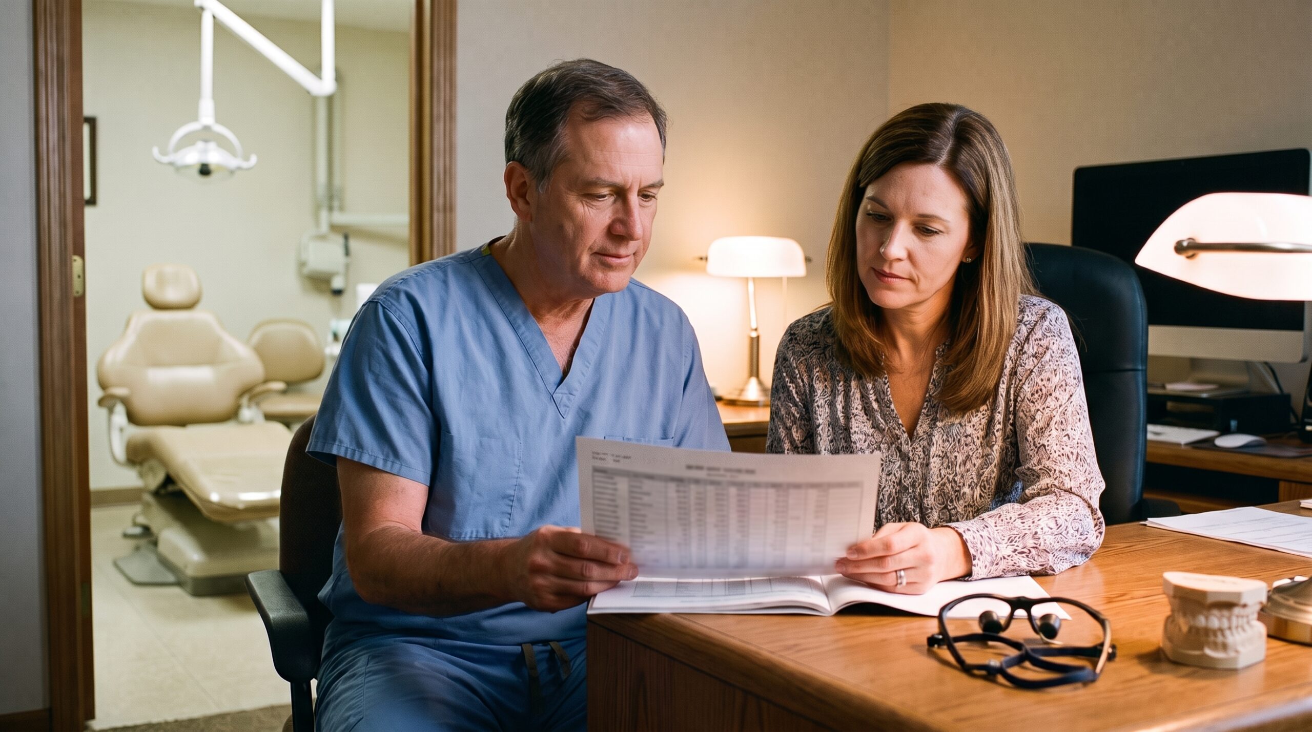 Dentist reviewing practice documents