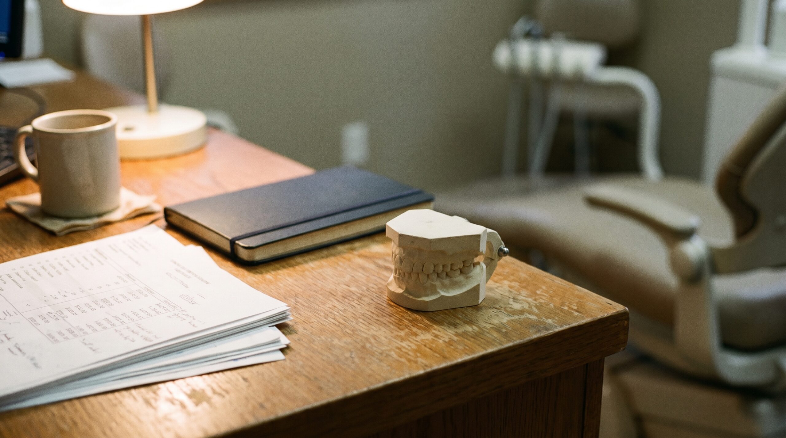 Dental practice financial records on a desk