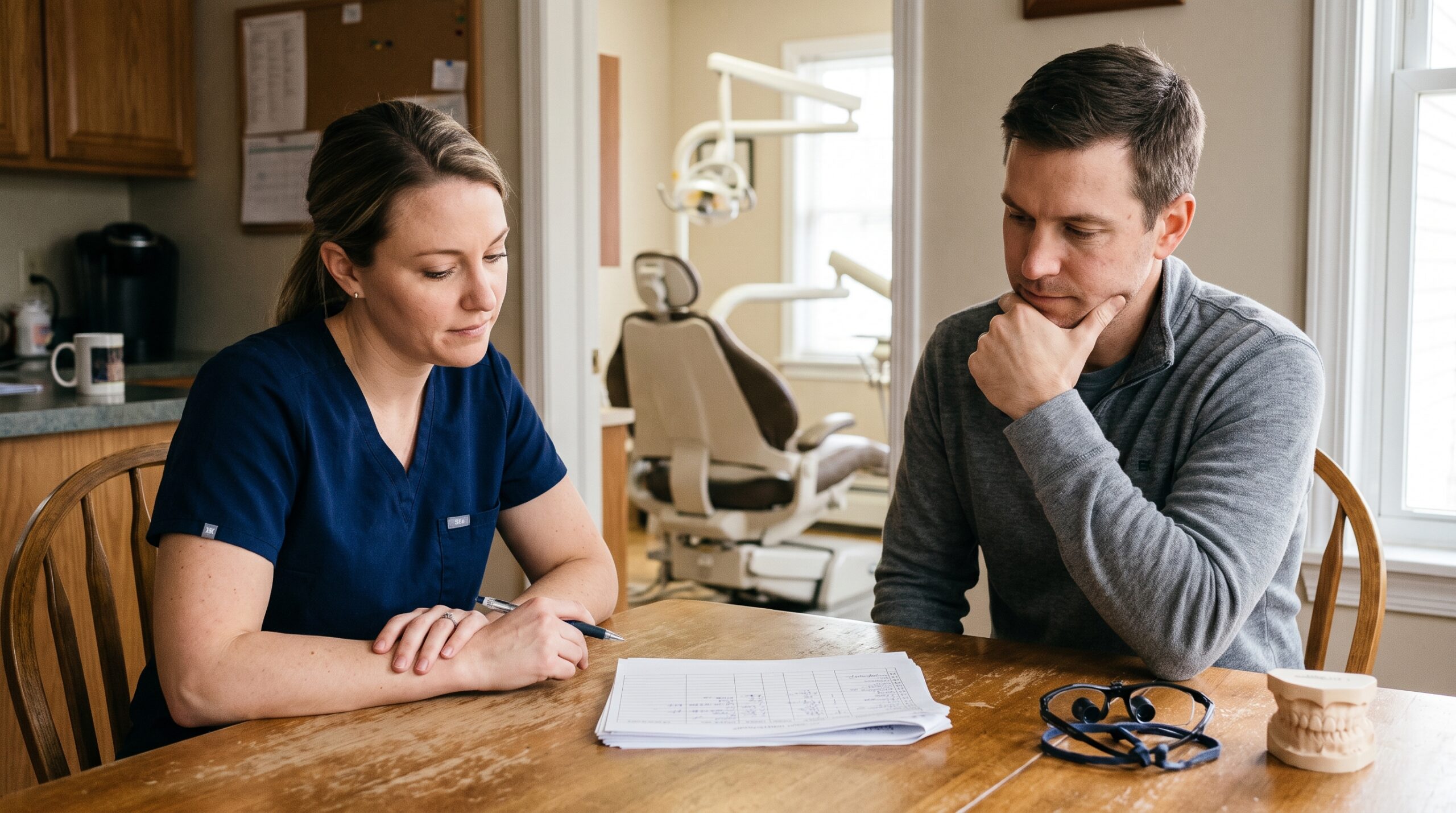 Dentist reviewing practice documents