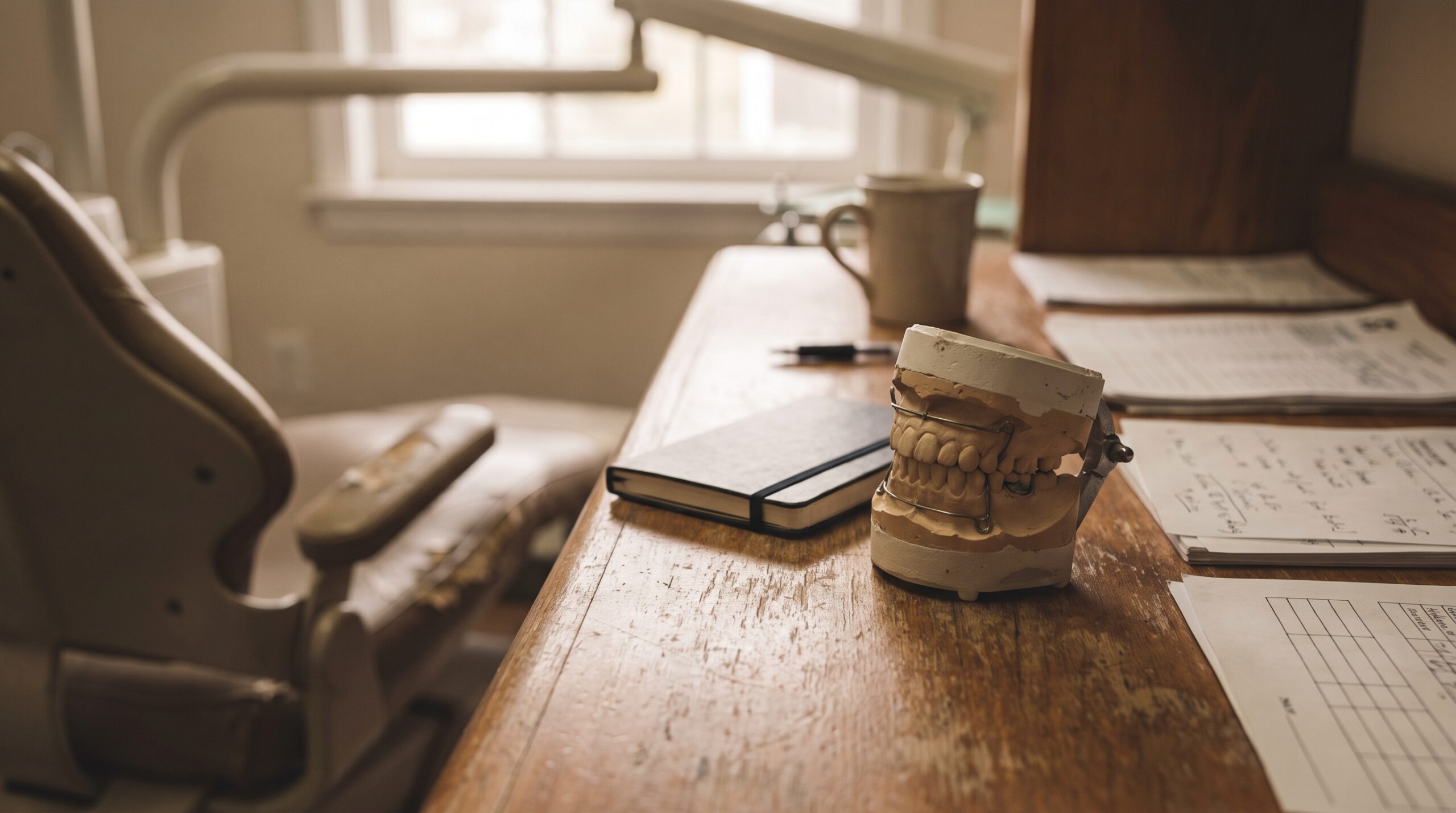 Dental practice financial records on a desk