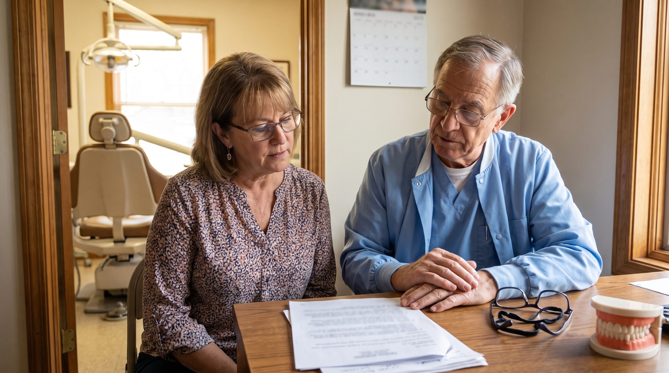 Dentist reviewing practice documents