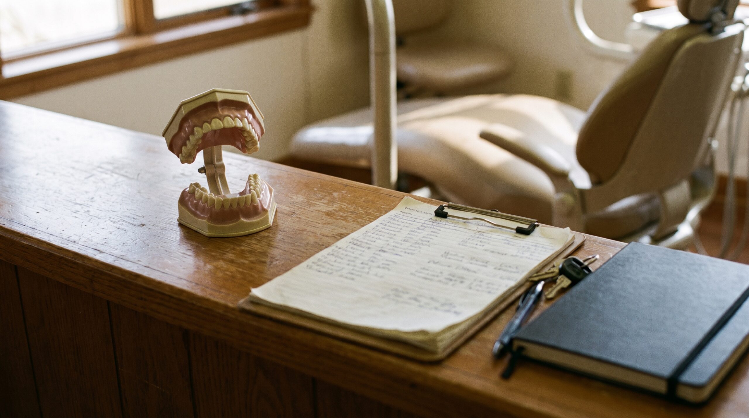 Dental practice financial records on a desk