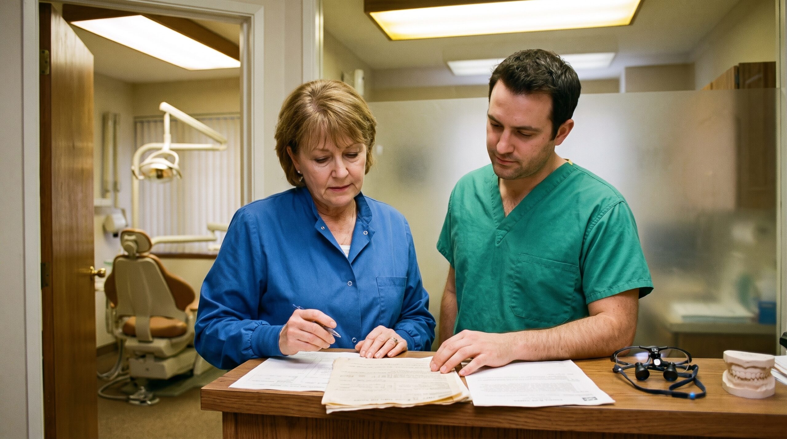 Dentist reviewing practice documents