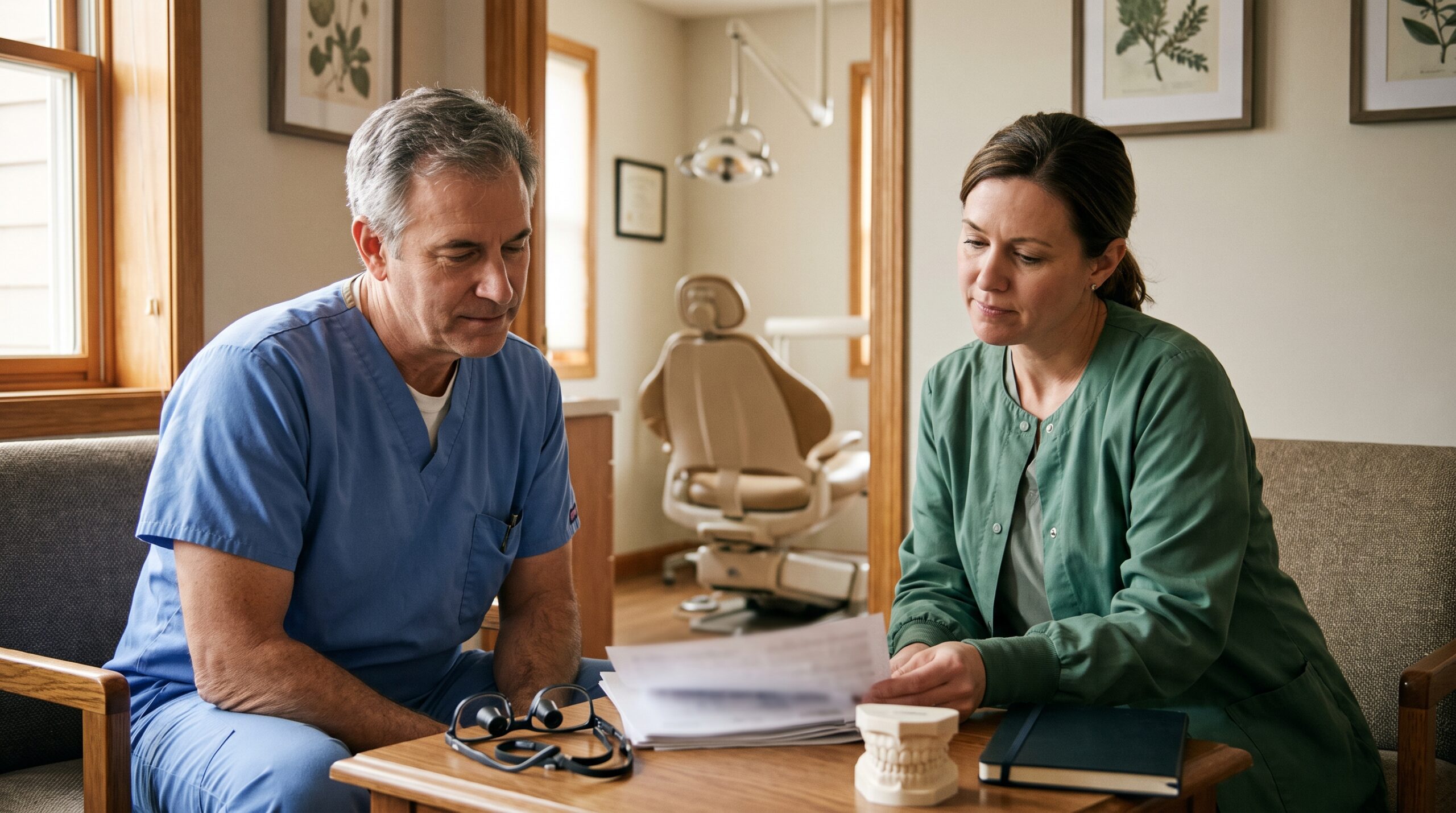 Dentist reviewing practice documents