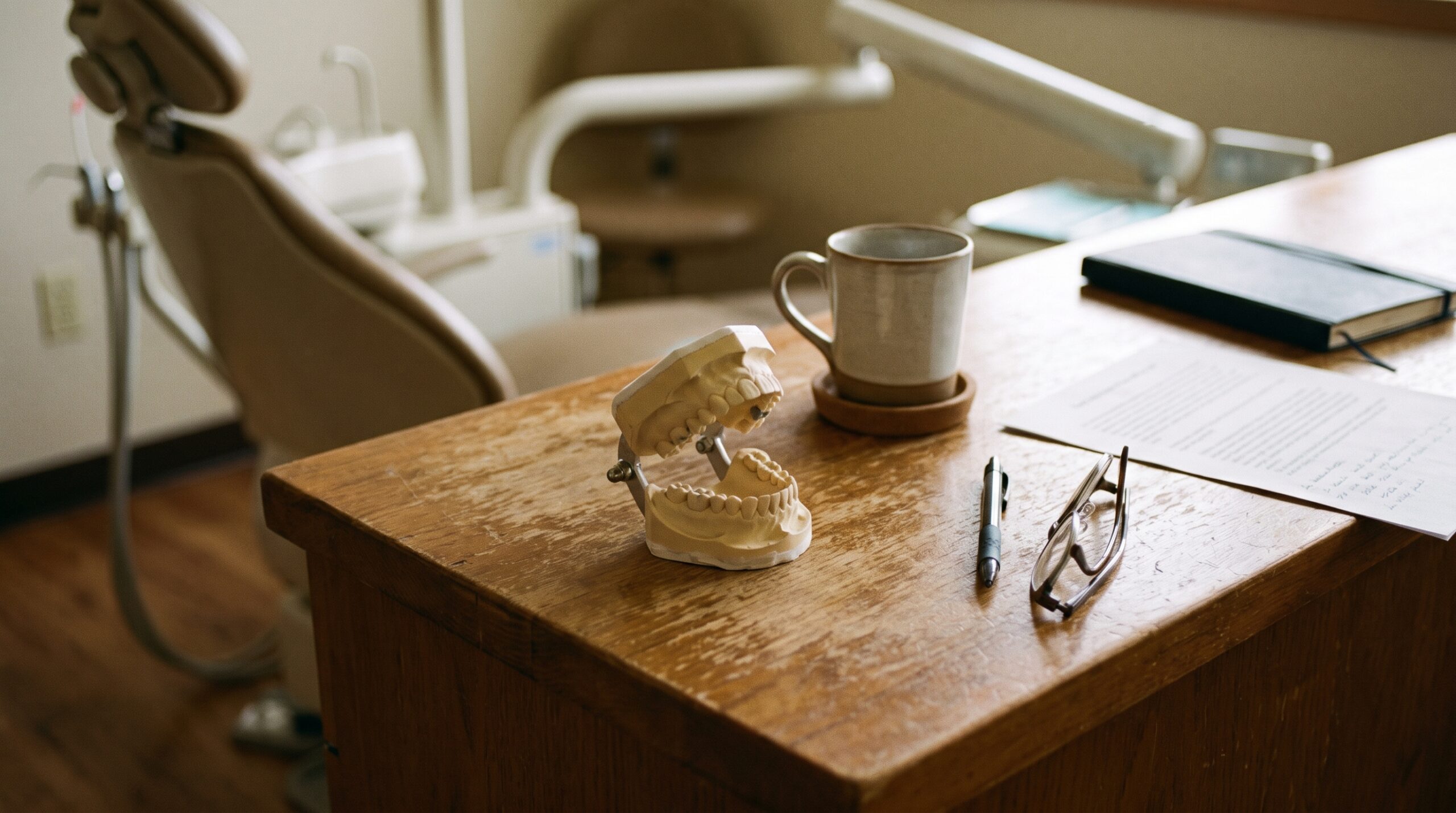 Dental practice financial records on a desk