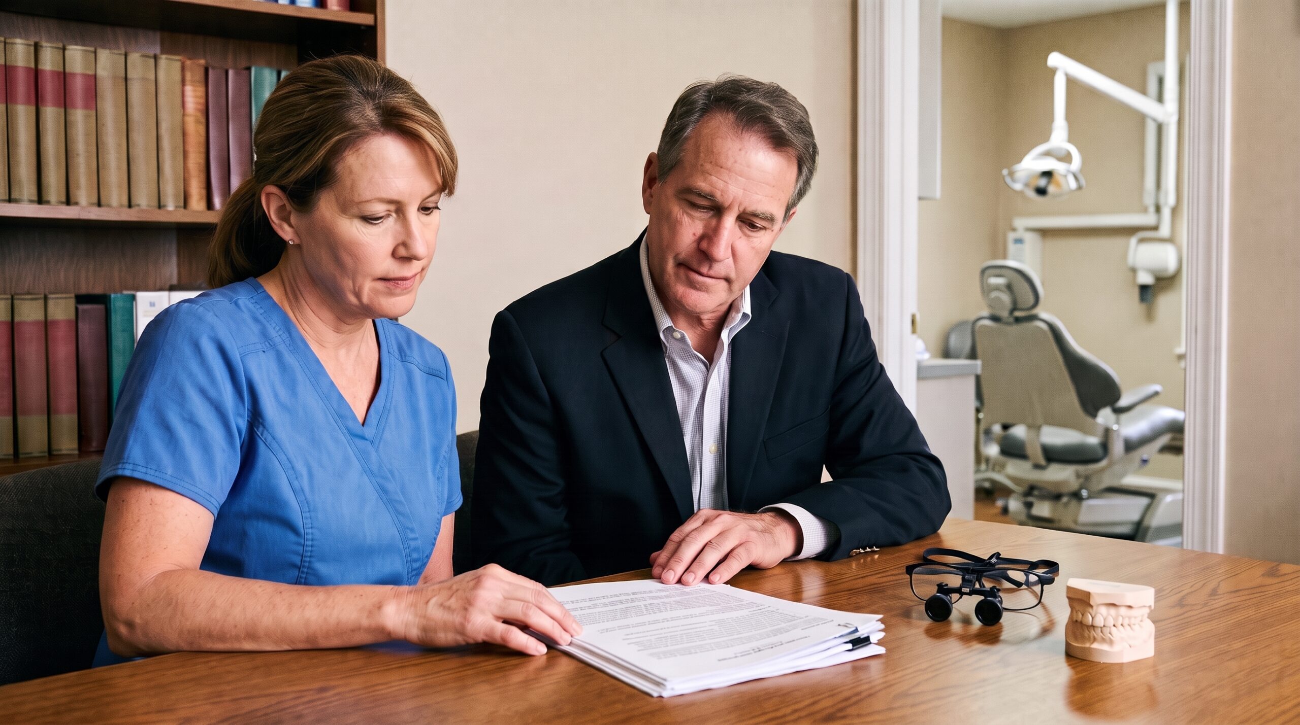 Dentist reviewing practice documents