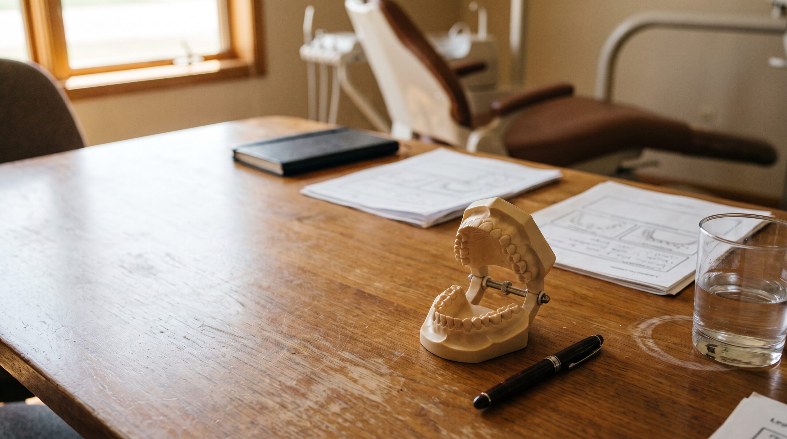 Dental practice financial records on a desk