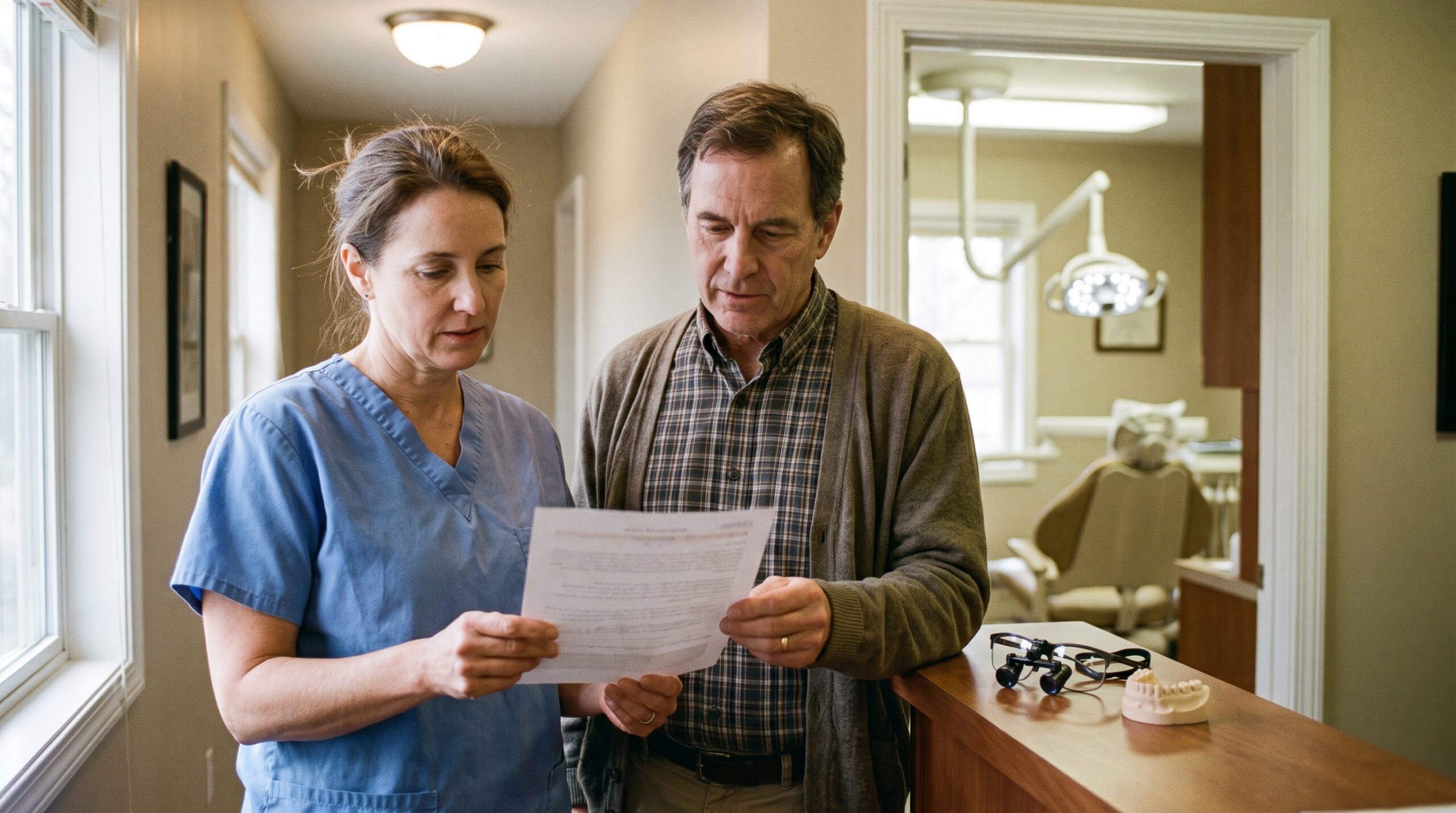 Dentist reviewing practice documents