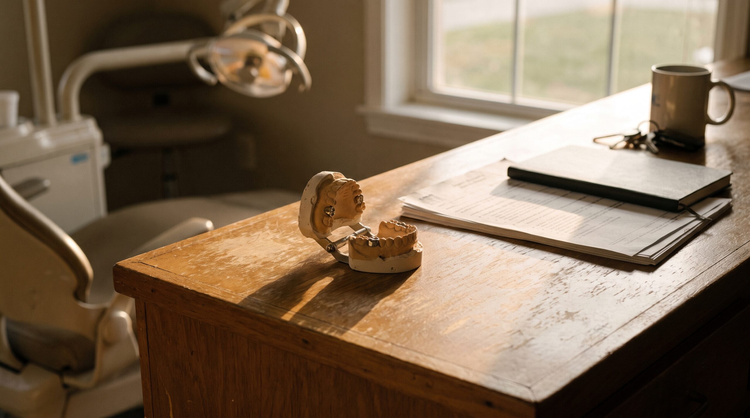 Dental practice financial records on a desk