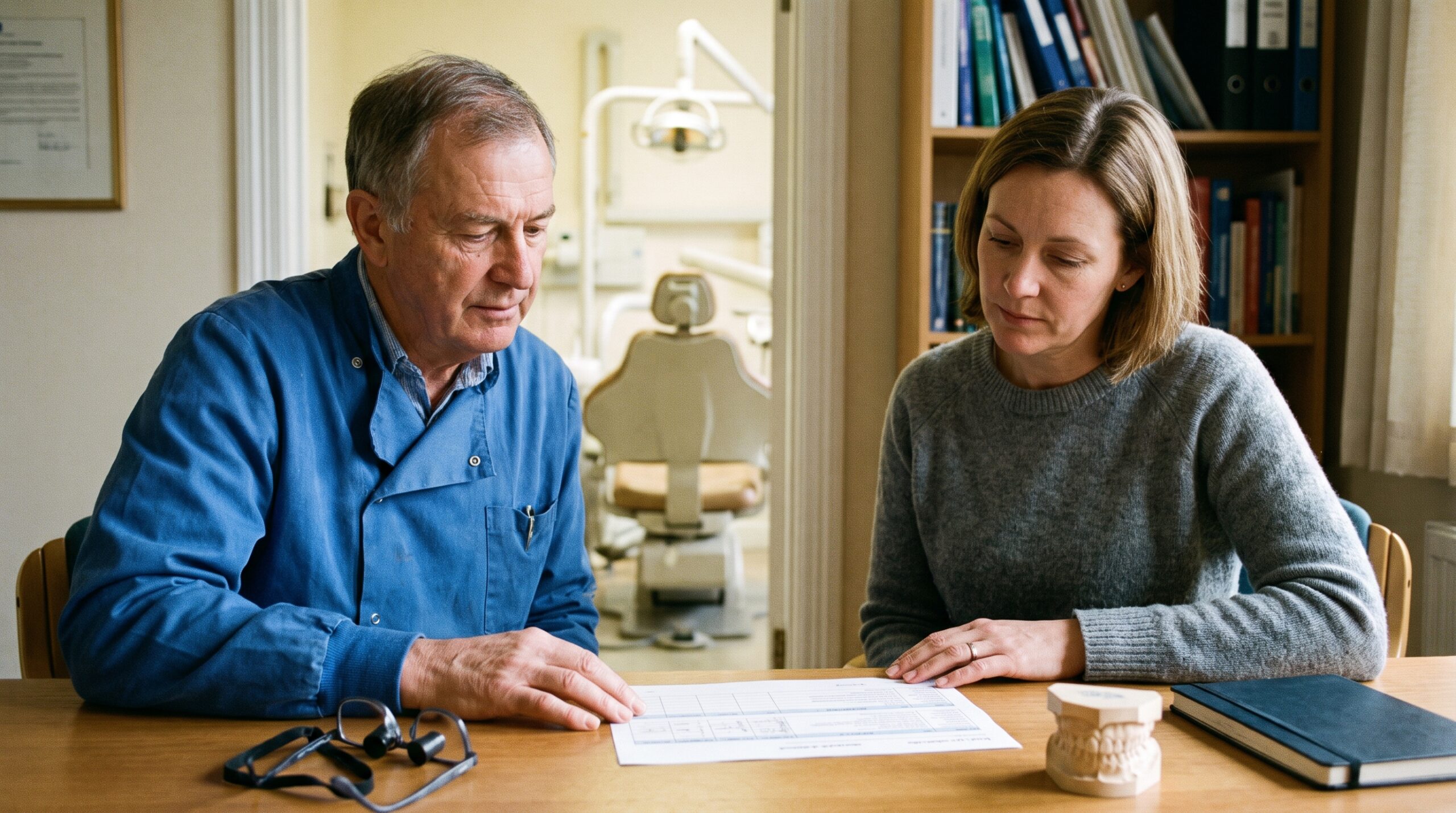 Dentist reviewing practice documents