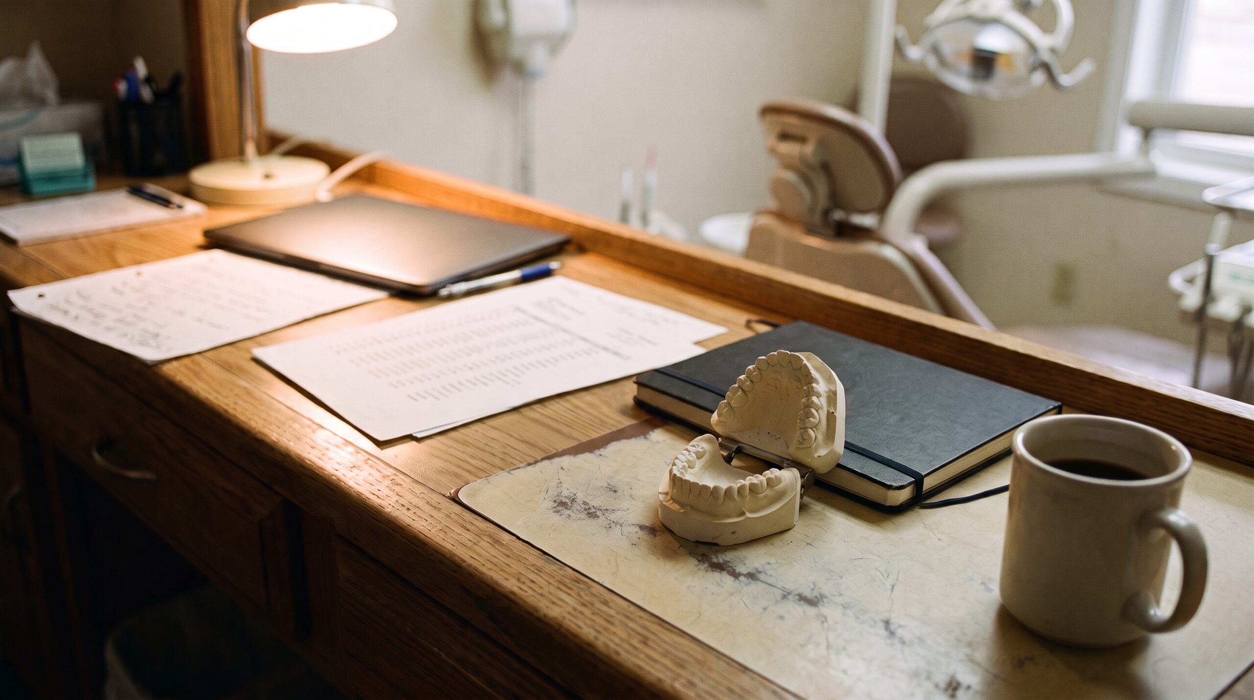 Dental practice financial records on a desk