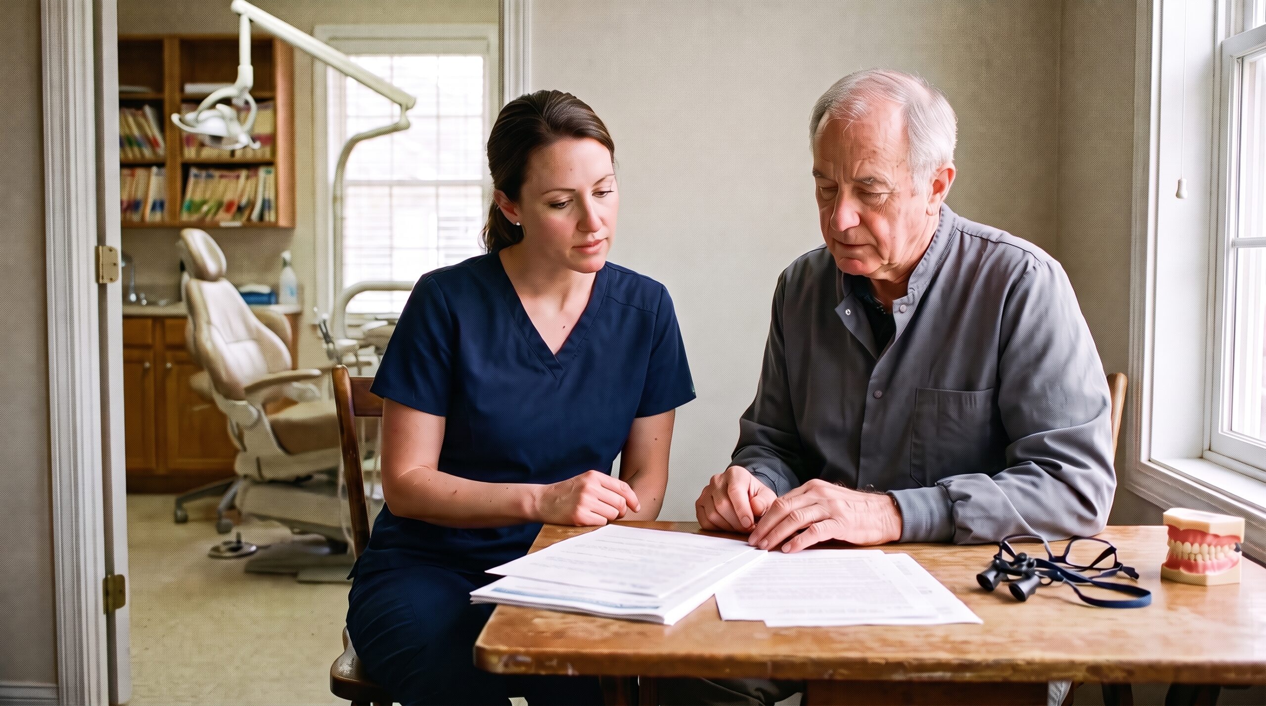 Dentist reviewing practice documents