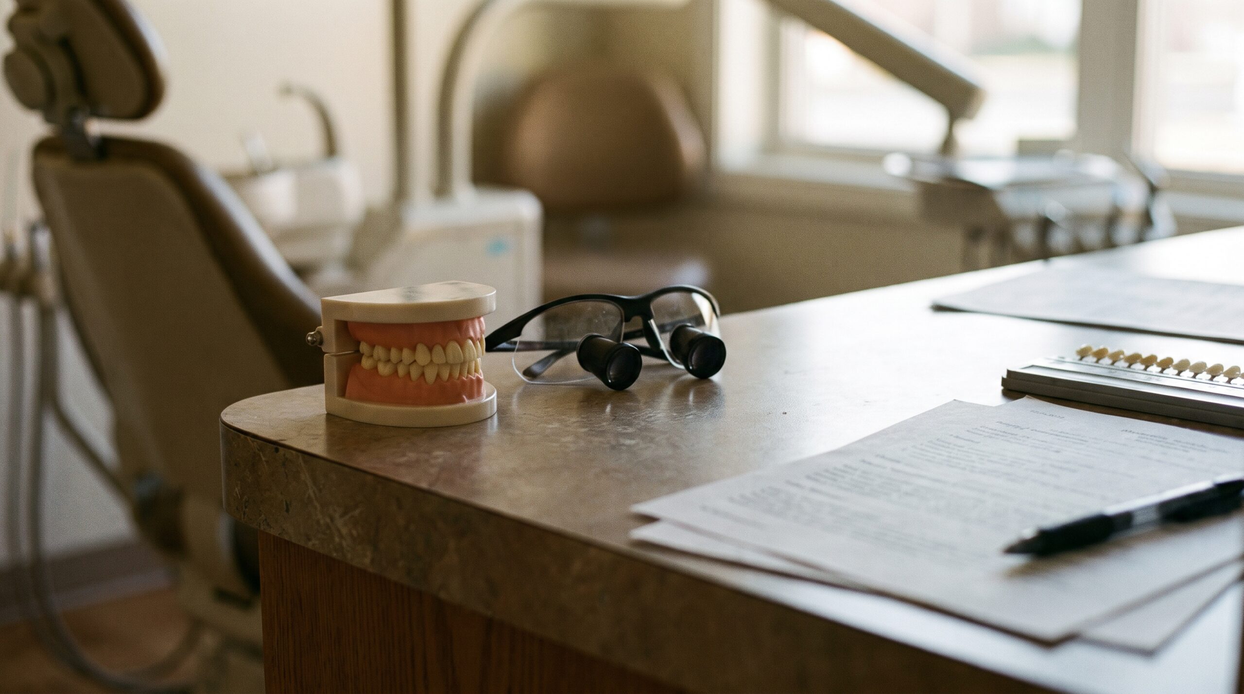 Dental practice financial records on a desk