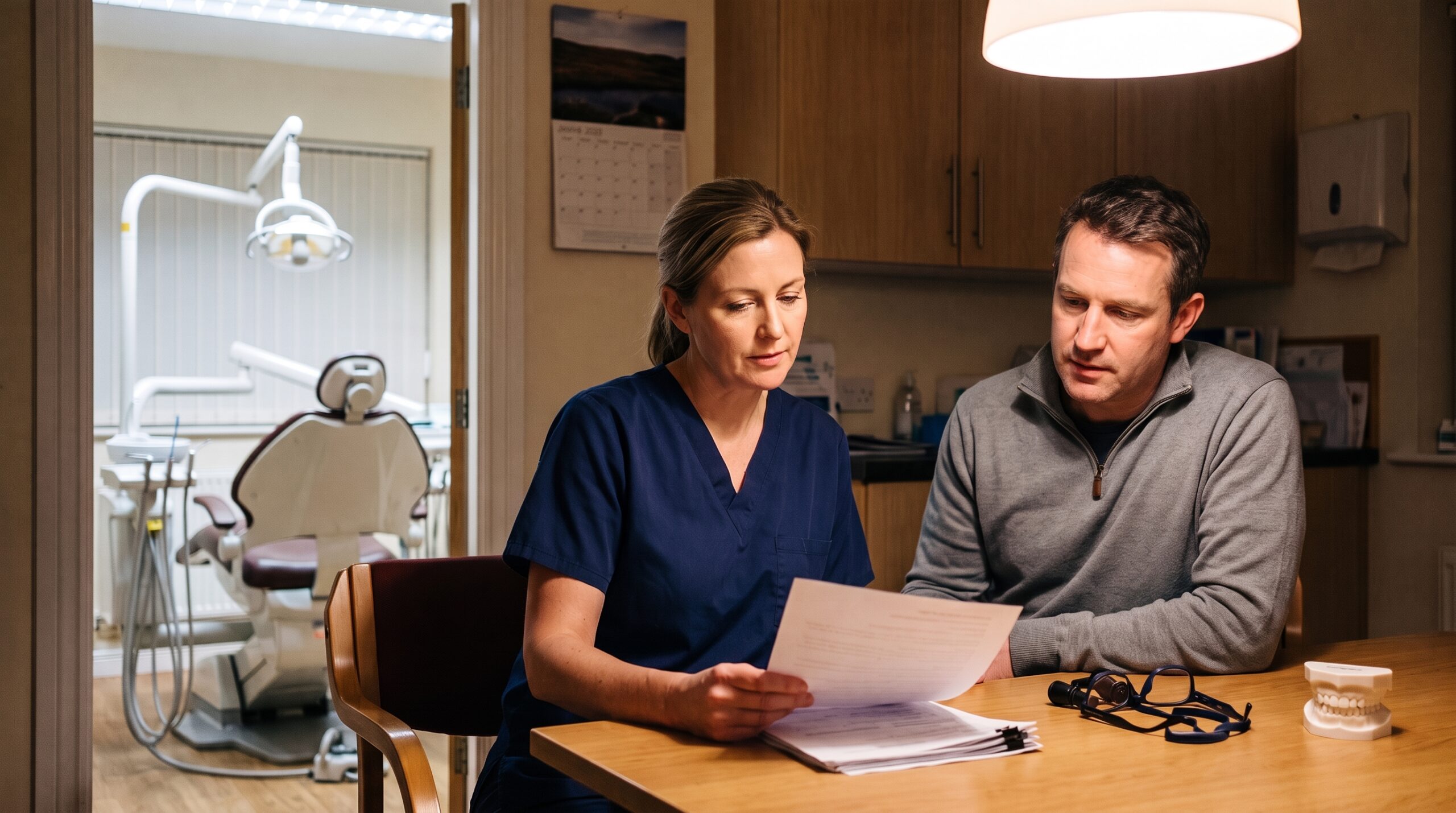 Dentist reviewing practice documents