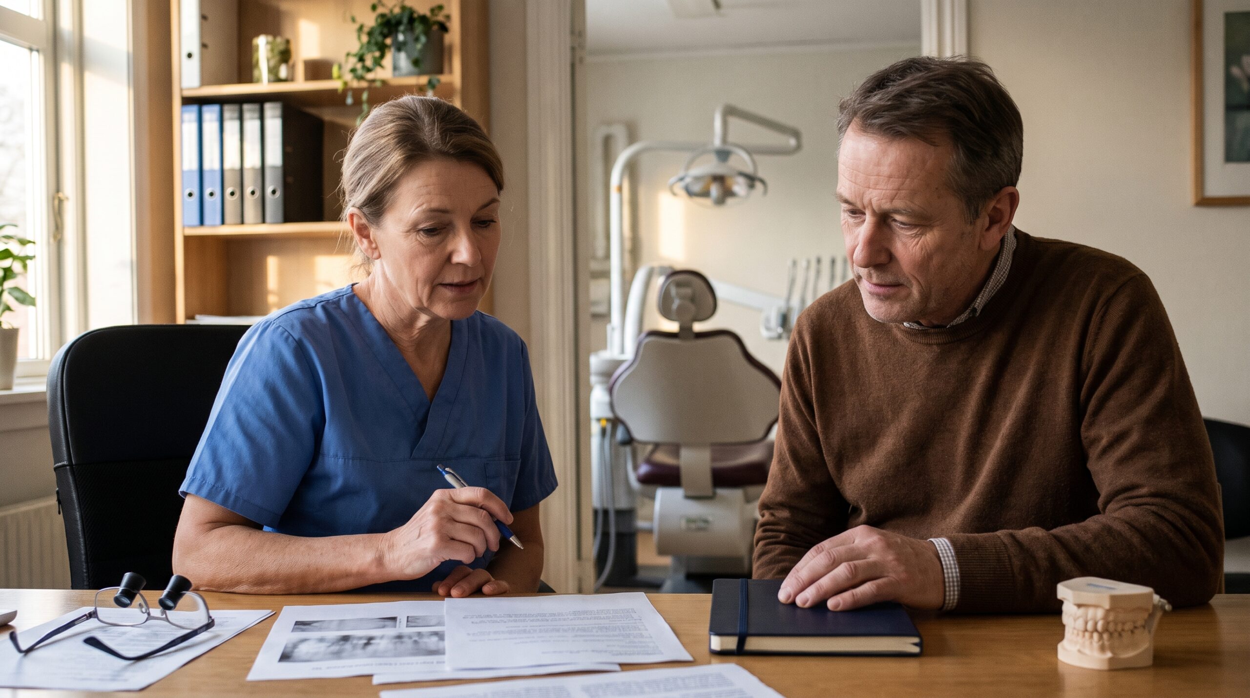 Dentist reviewing practice documents