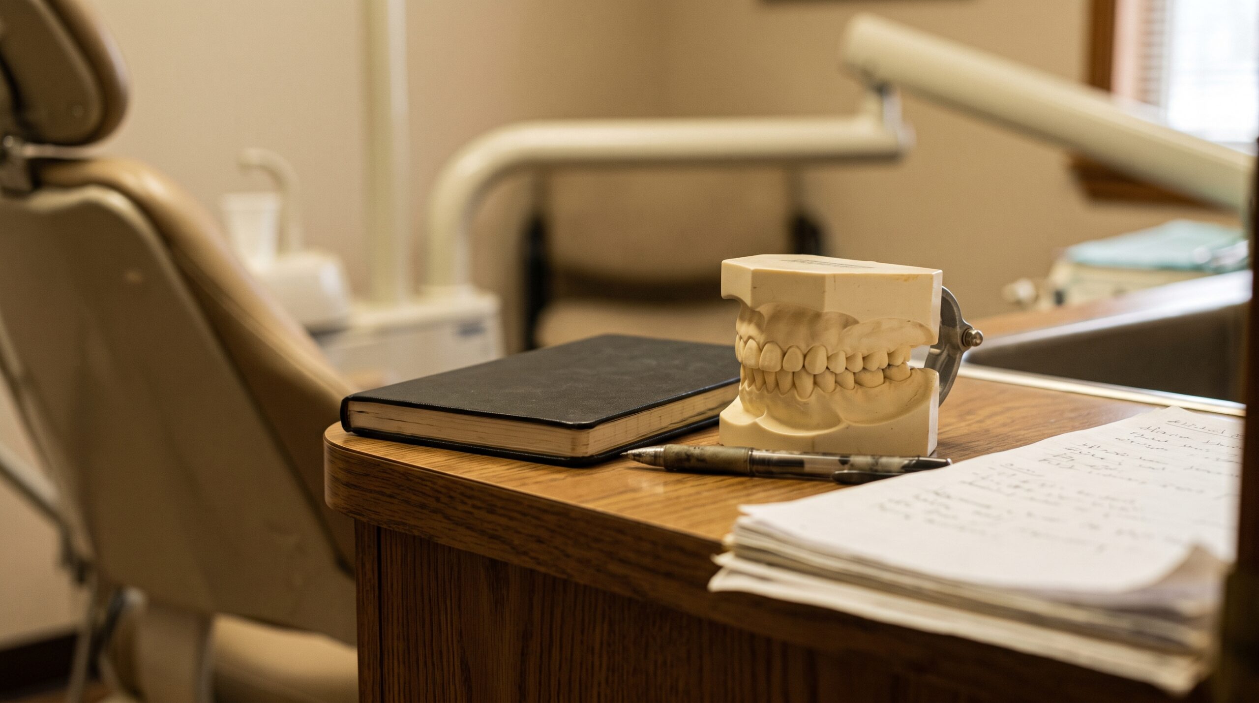 Dental practice financial records on a desk