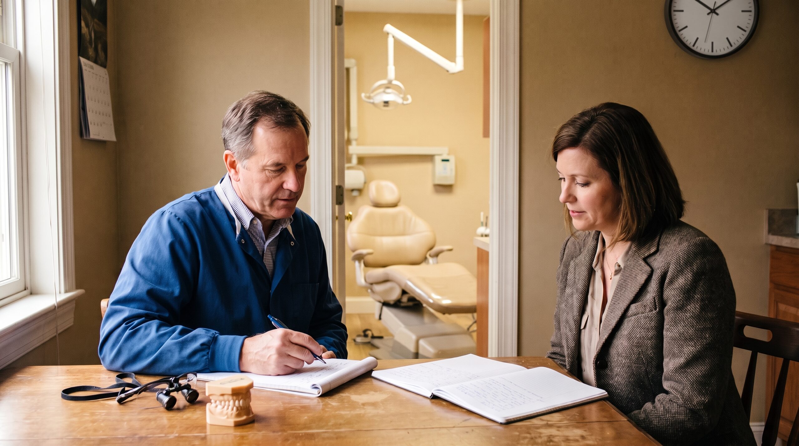 Dentist reviewing practice documents