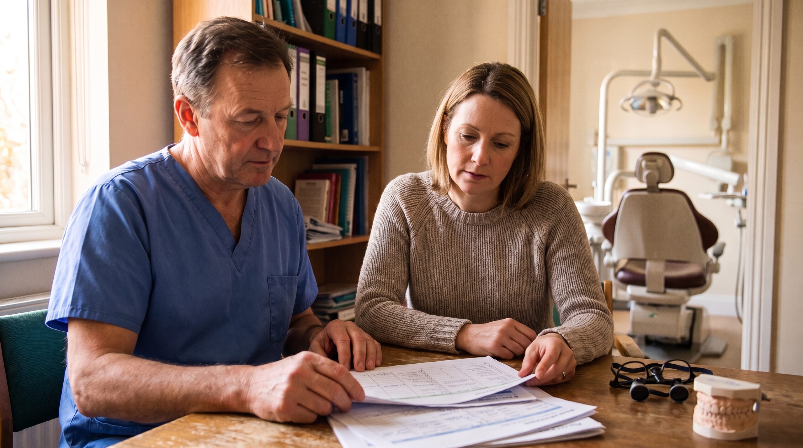 Dentist reviewing practice documents