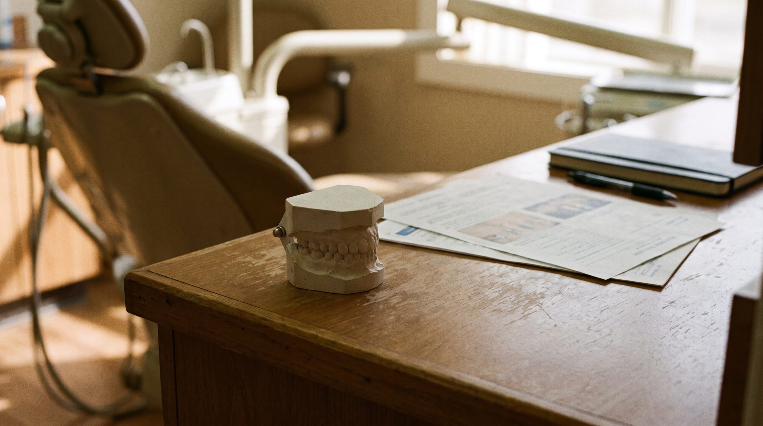 Dental practice financial records on a desk