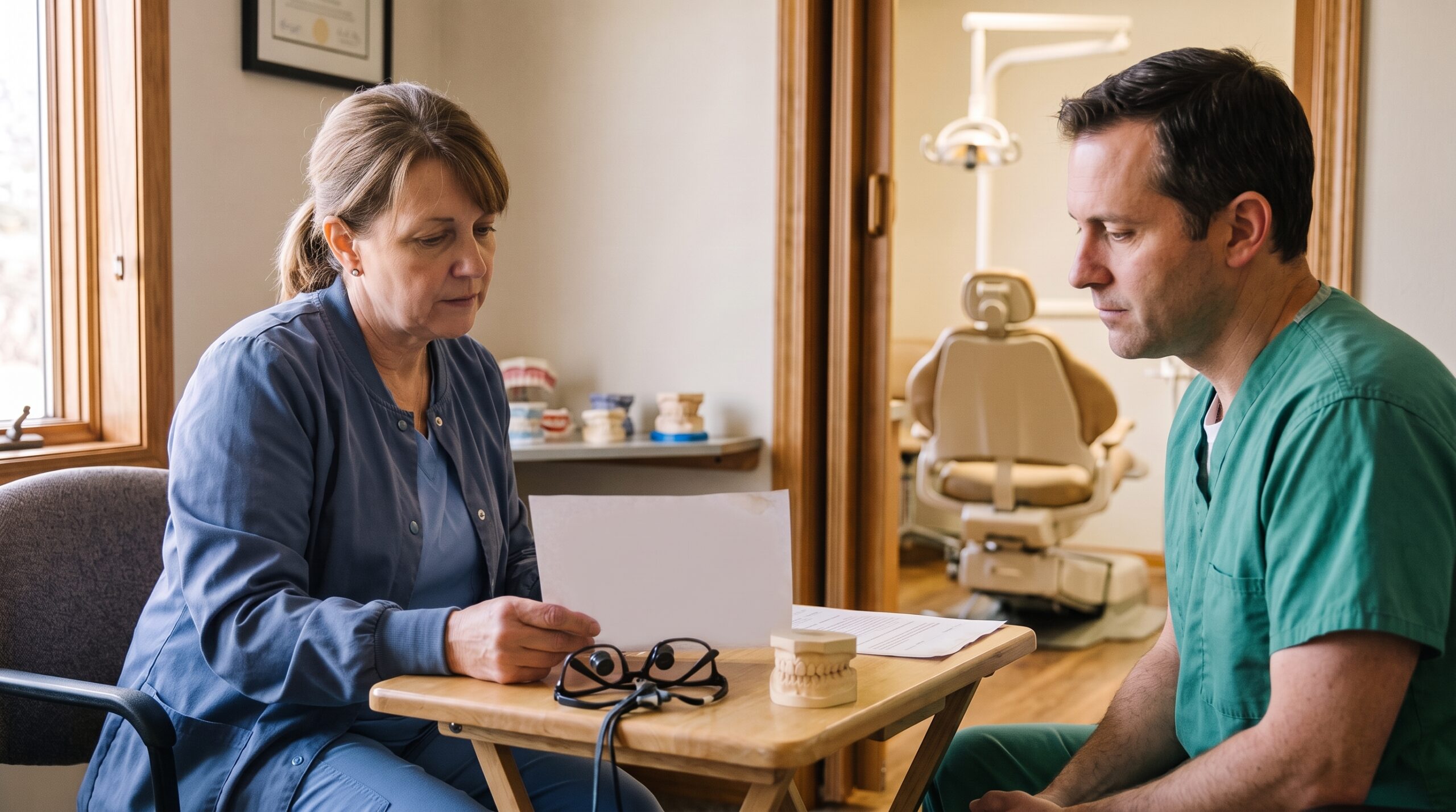 Dentist reviewing practice documents