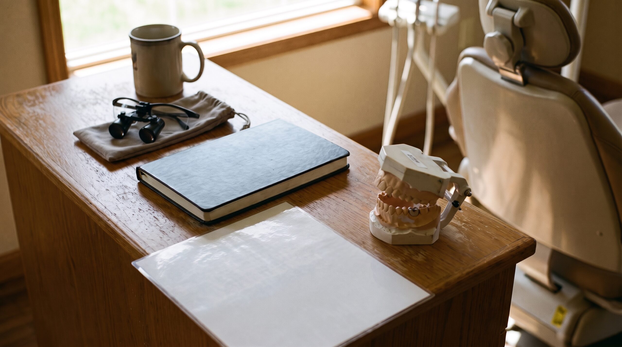 Dental practice financial records on a desk