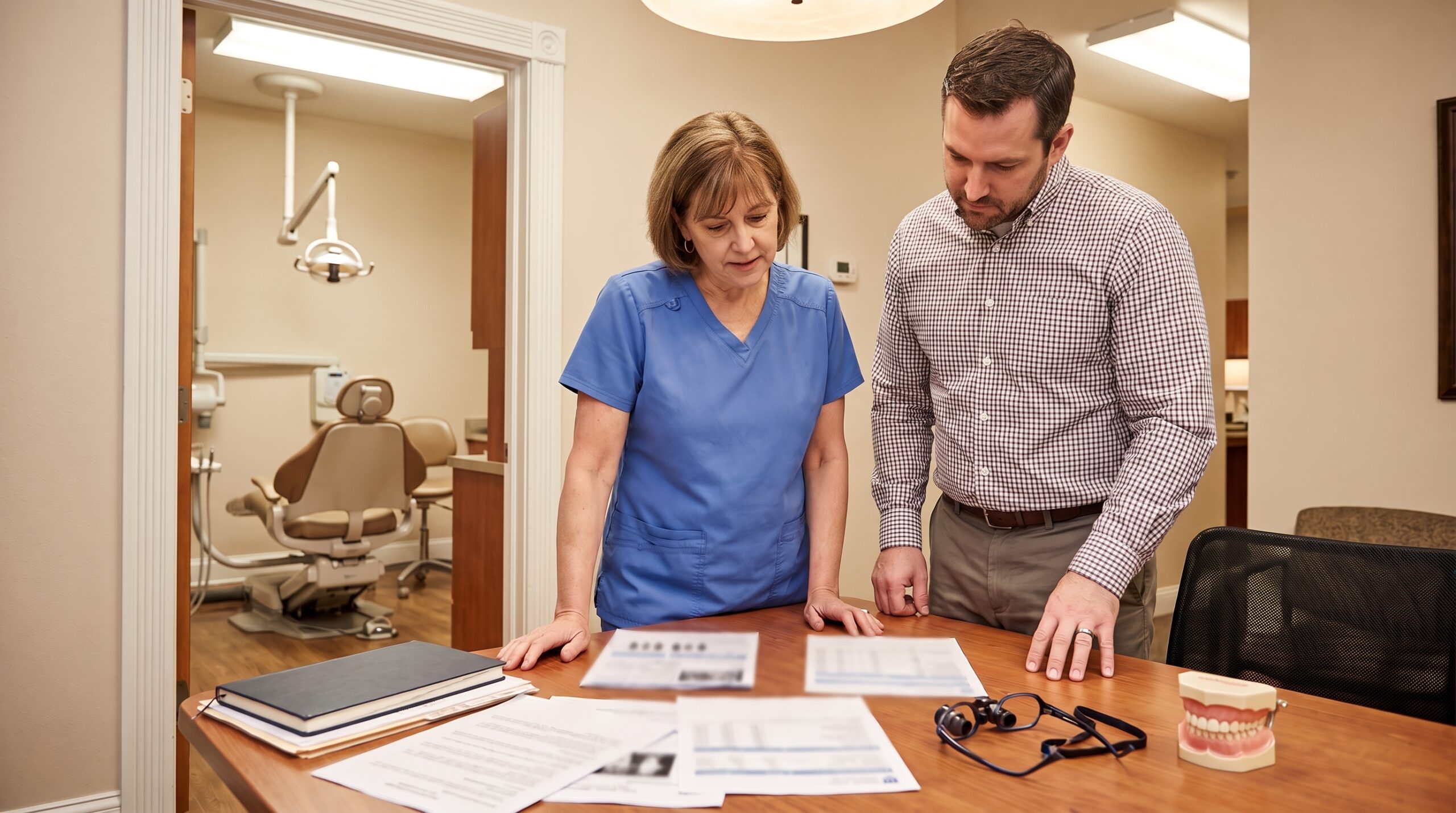 Dentist reviewing practice documents