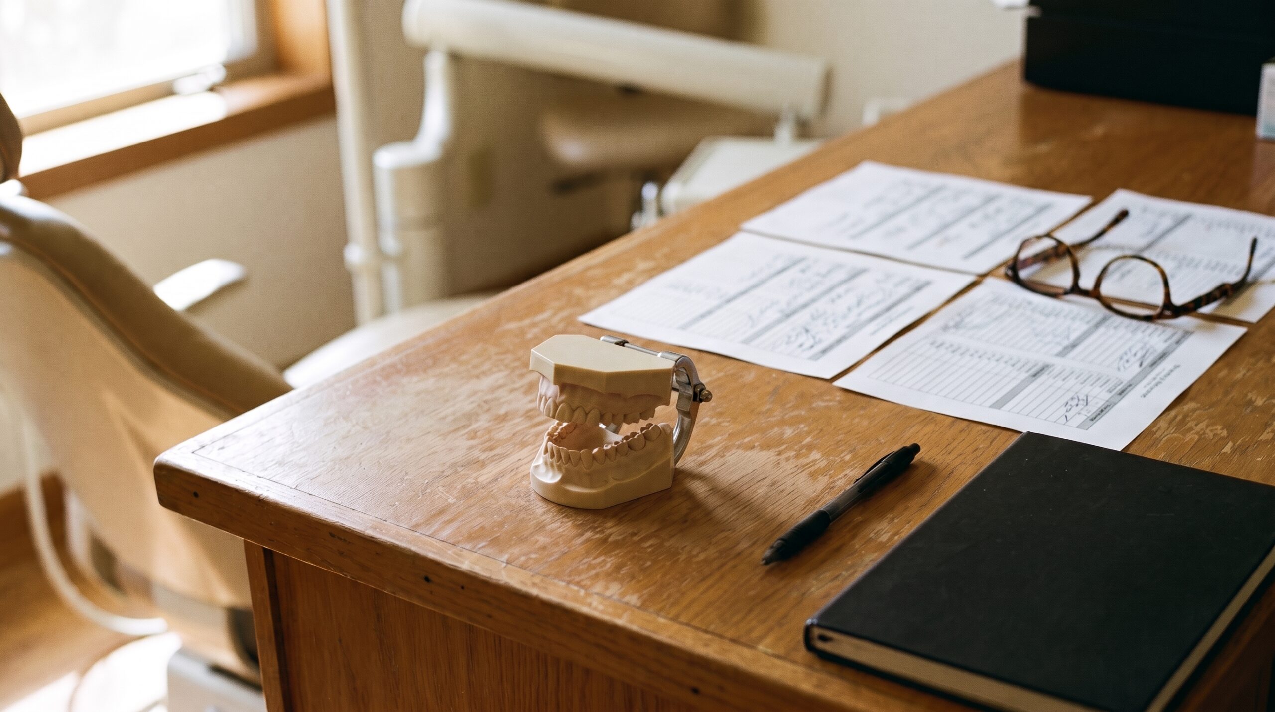 Dental practice financial records on a desk