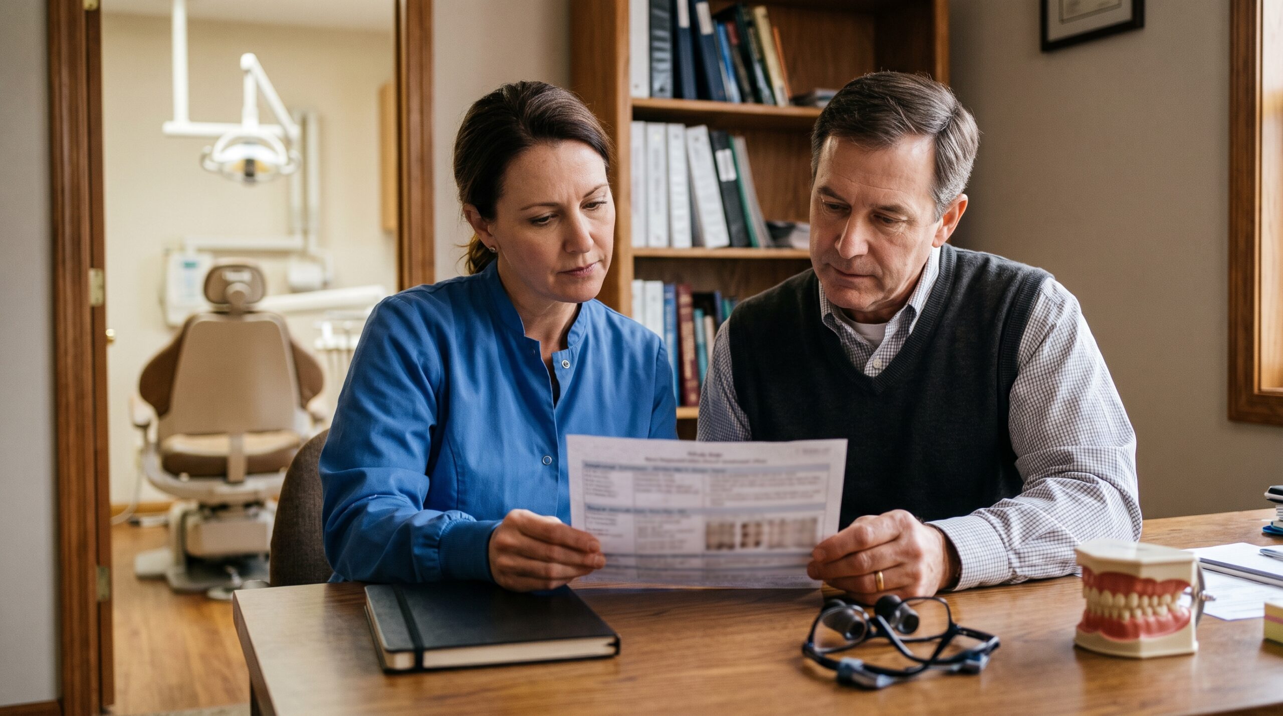 Dentist reviewing practice documents