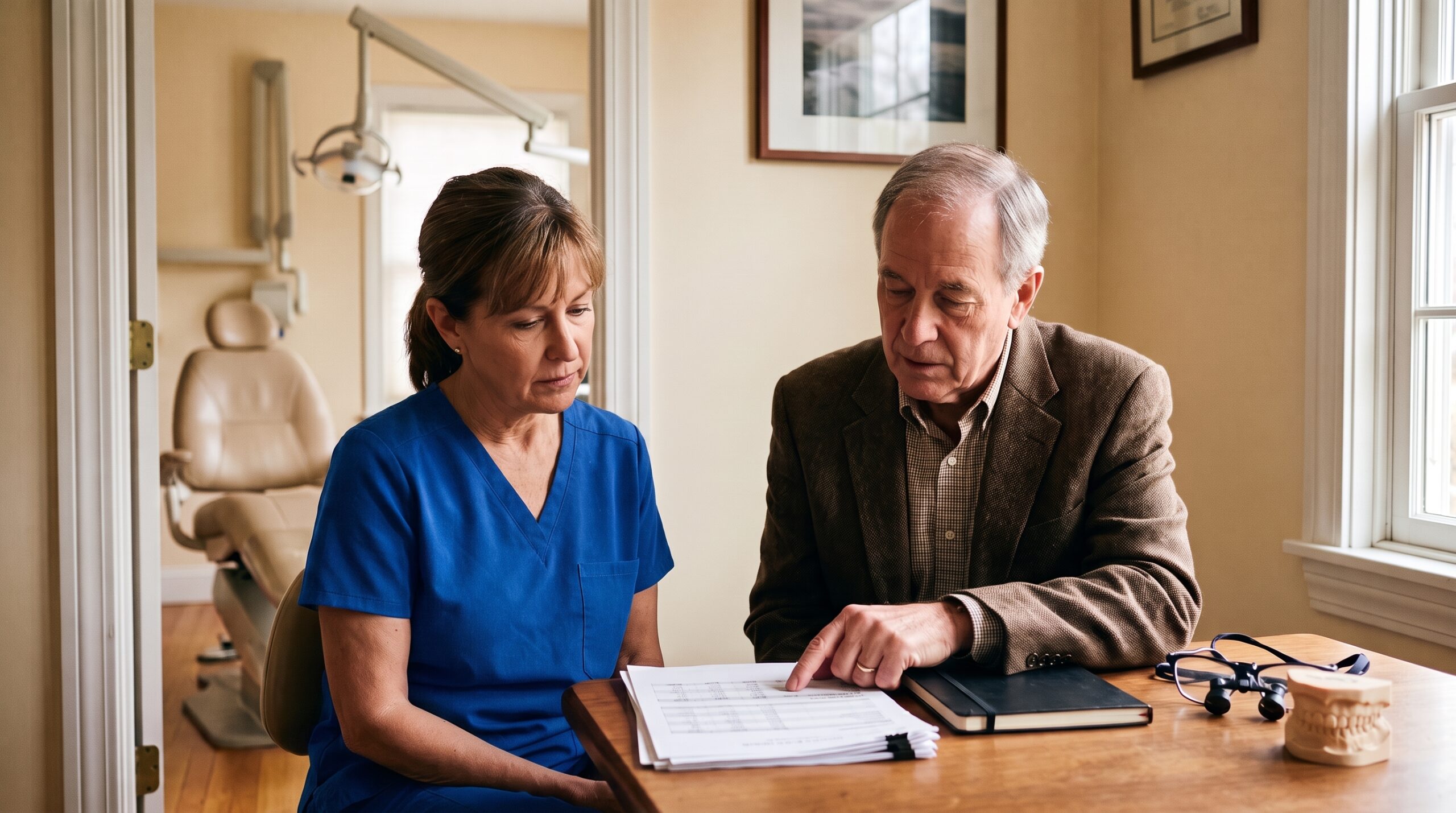 Dentist reviewing practice documents