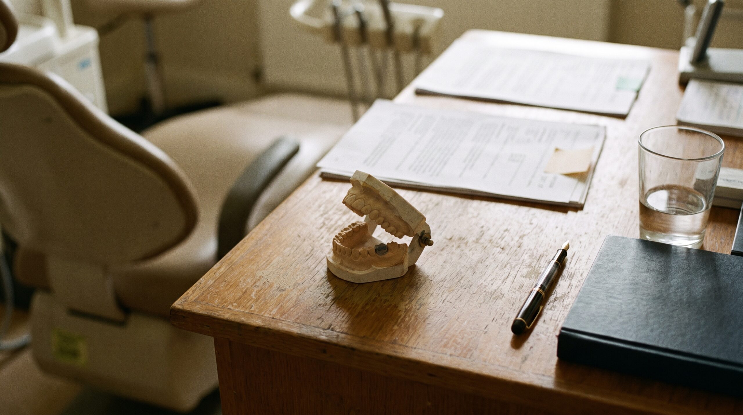 Dental practice financial records on a desk