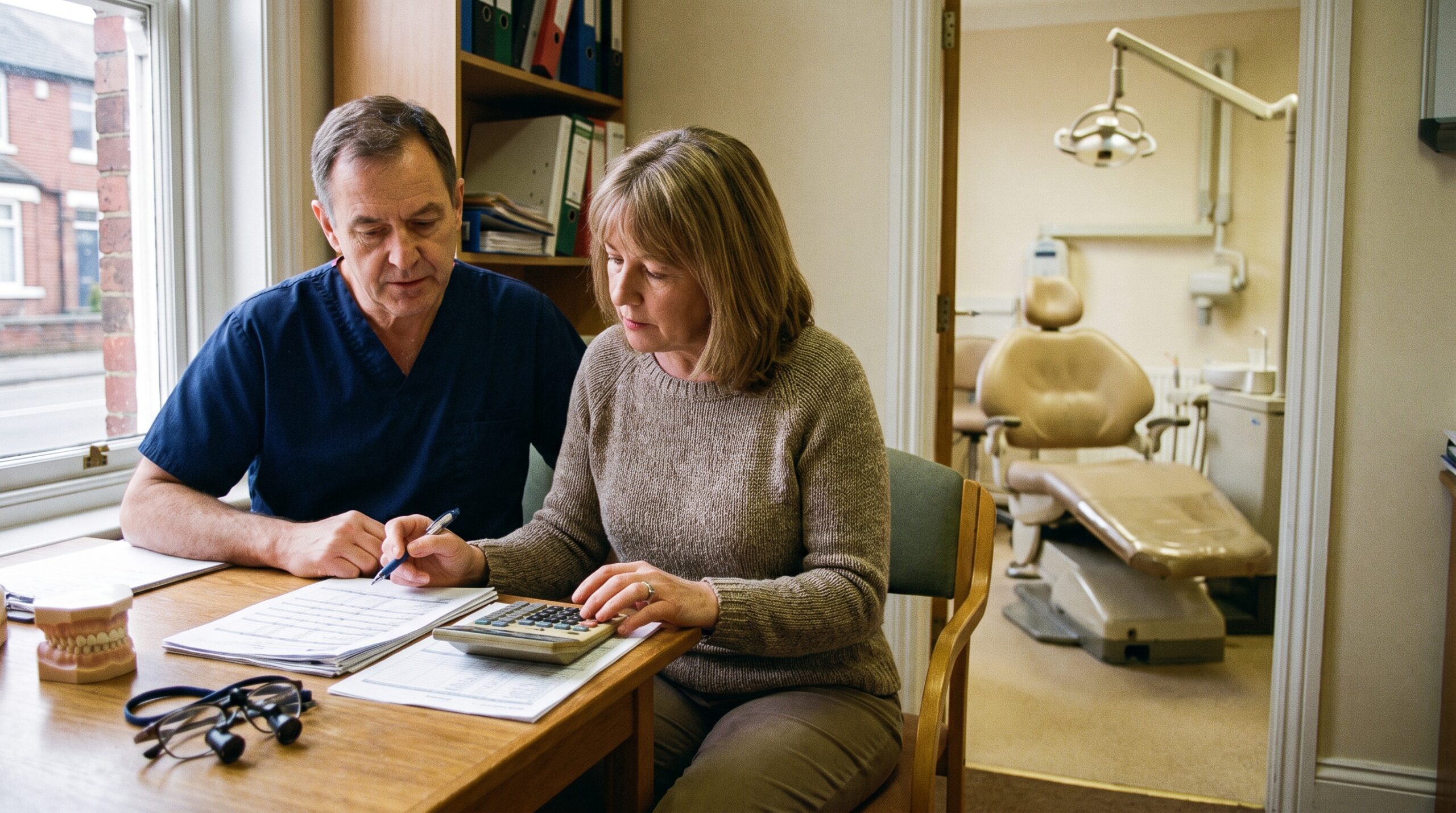 Dentist reviewing practice documents