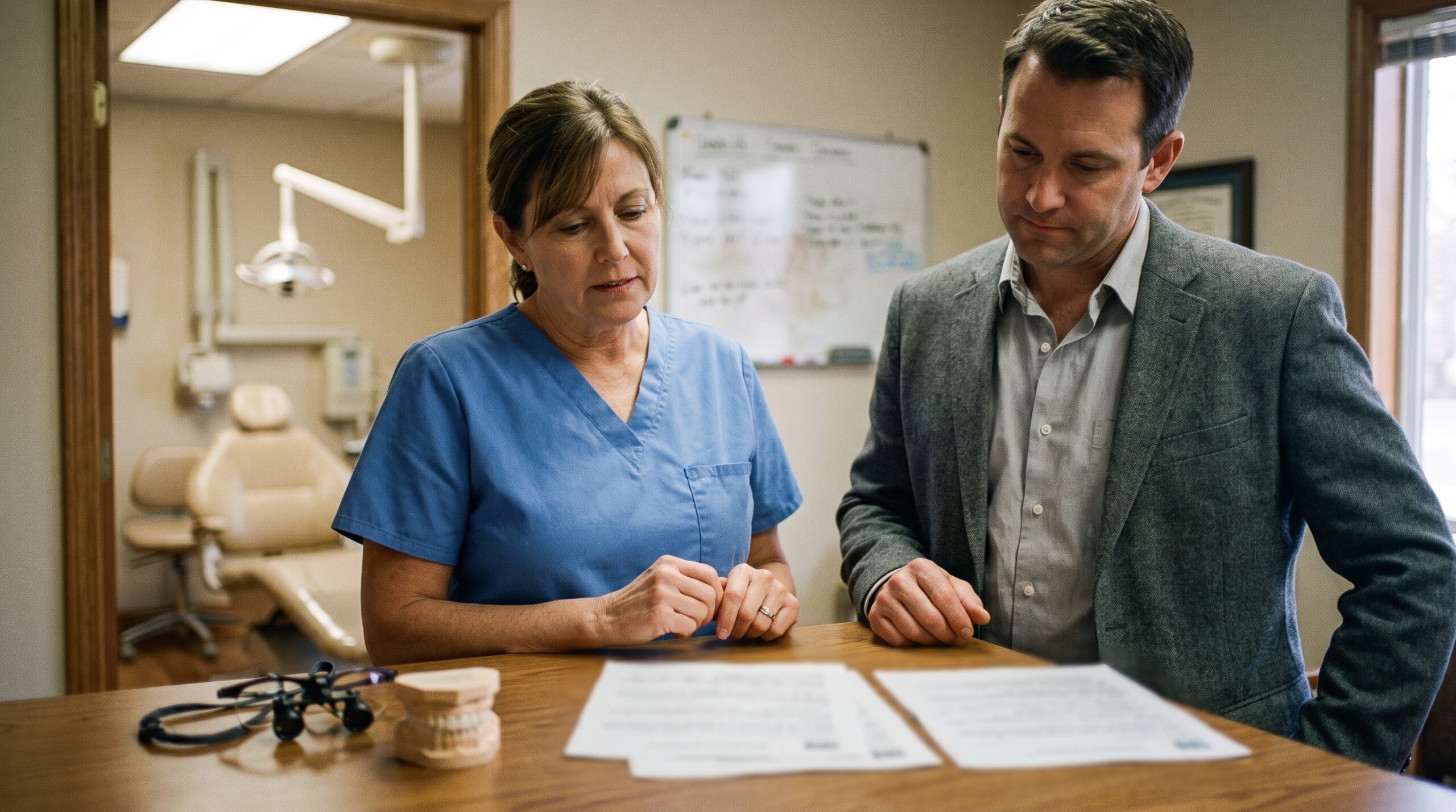 Dentist reviewing practice documents