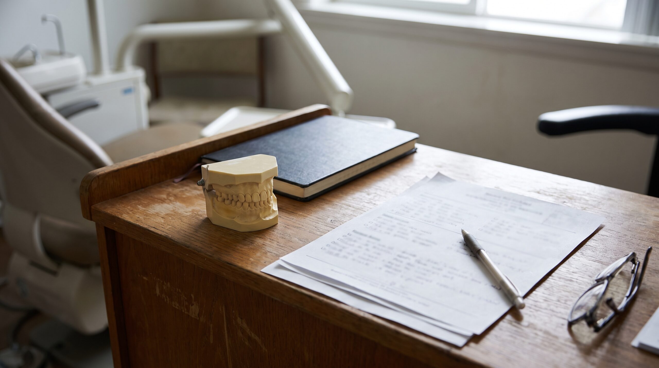 Dental practice financial records on a desk