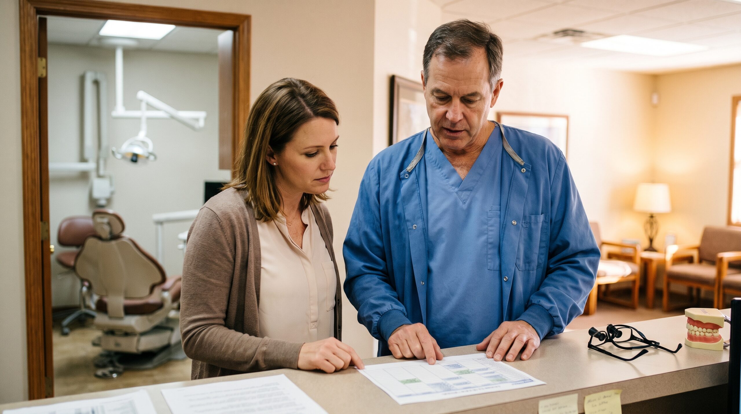 Dentist reviewing practice documents